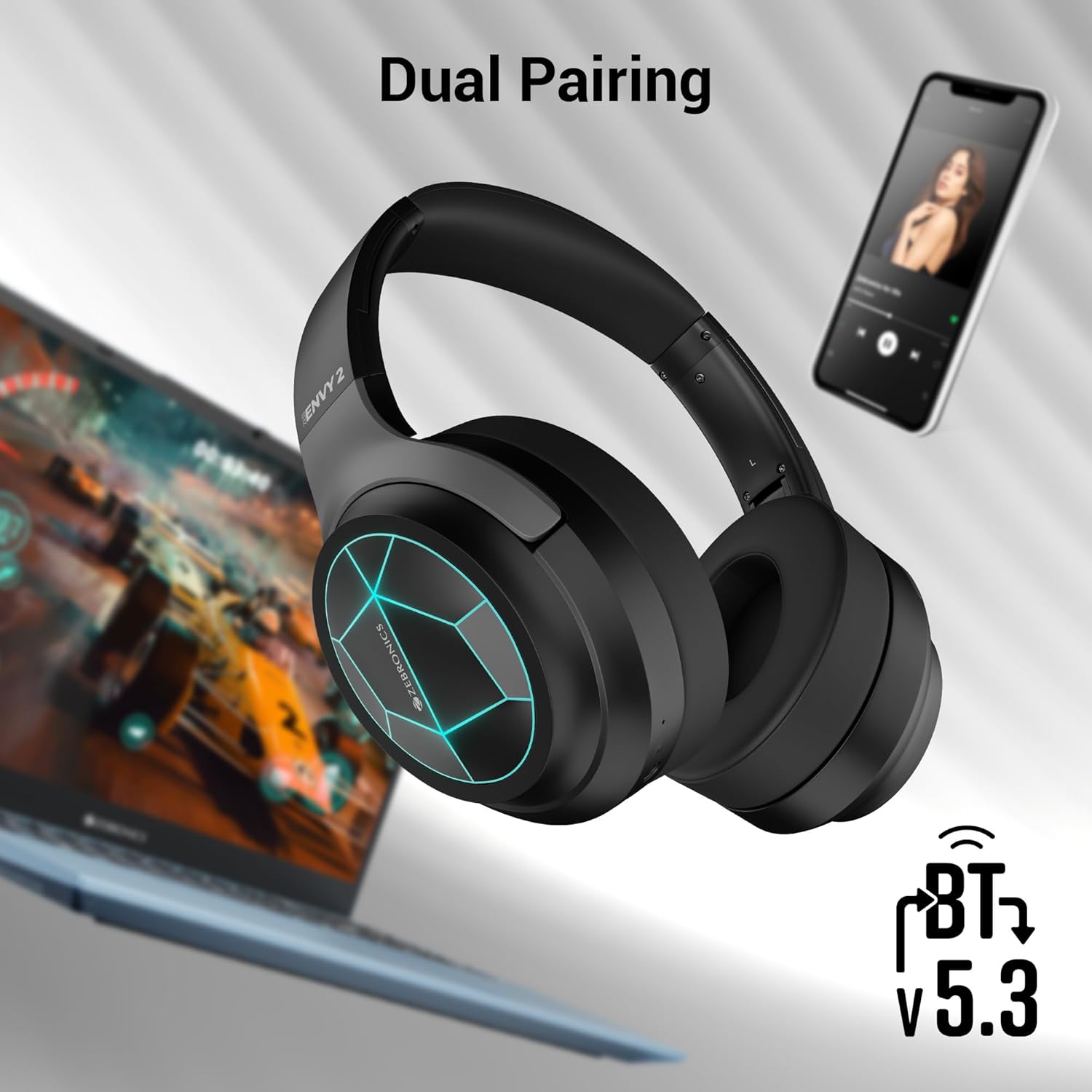 ZEBRONICS Envy 2, Wireless Over Ear Headphone, ENC, Upto 65* Hours Playback, Gaming Mode, Dual Pairing, Bluetooth v5.3, AUX, Call Function, Voice Assistant,