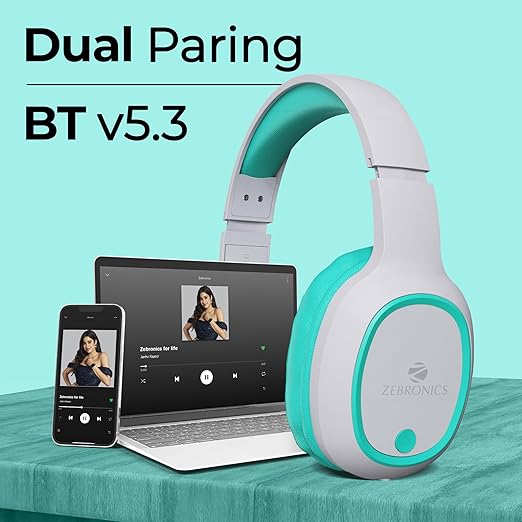 ZEBRONICS Thunder Bluetooth 5.3 Wireless Over Ear Headphones with 60H Backup, Gaming Mode, Dual Pairing, Enc, Aux, Micro Sd, Voice Assistant