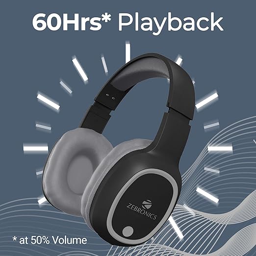 ZEBRONICS THUNDER Bluetooth 5.3 Wireless Headphones with 60H Backup, Gaming Mode, Dual PairingVoice assistant, Comfortable Earcups, Call Function