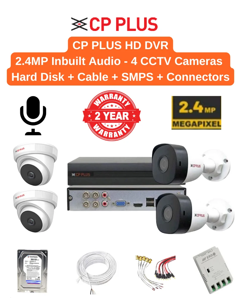 CP plus 4ch DVR with 2.4mp dome & 2.4mp bullet with required accessorries