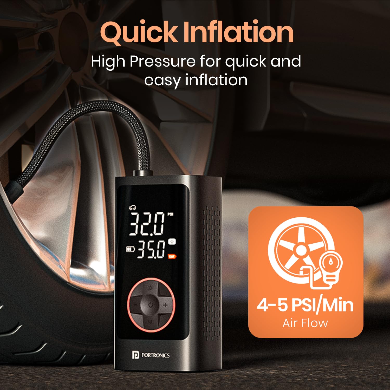 Portronics Vayu 7.0 Tyre Inflator, Full-Size Digital Display, 4000 mAh Battery, 150 PSI Pressure, Preset Modes, Flashlight with SOS, Pressure Detection, for Cars, Bikes, Bicycles & Balls(Black)