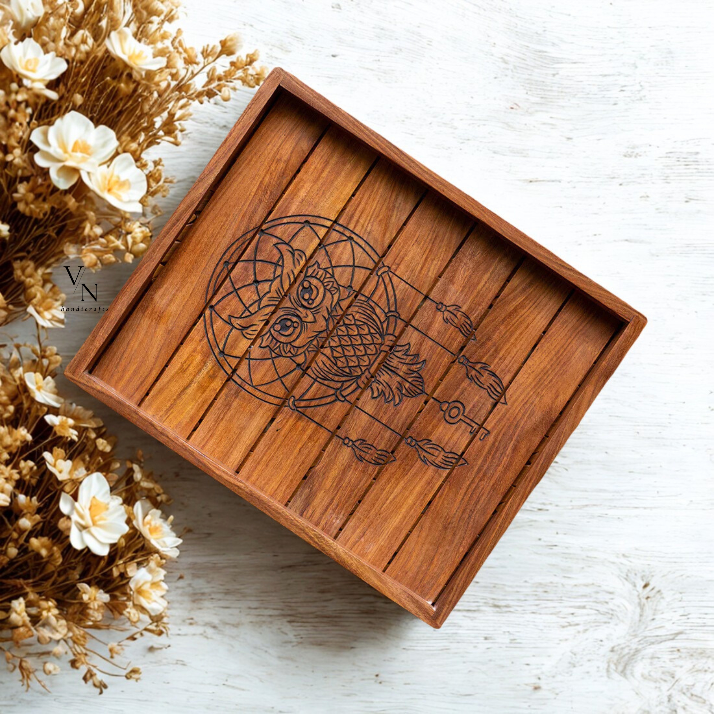 Wooden Tray with Owl Design