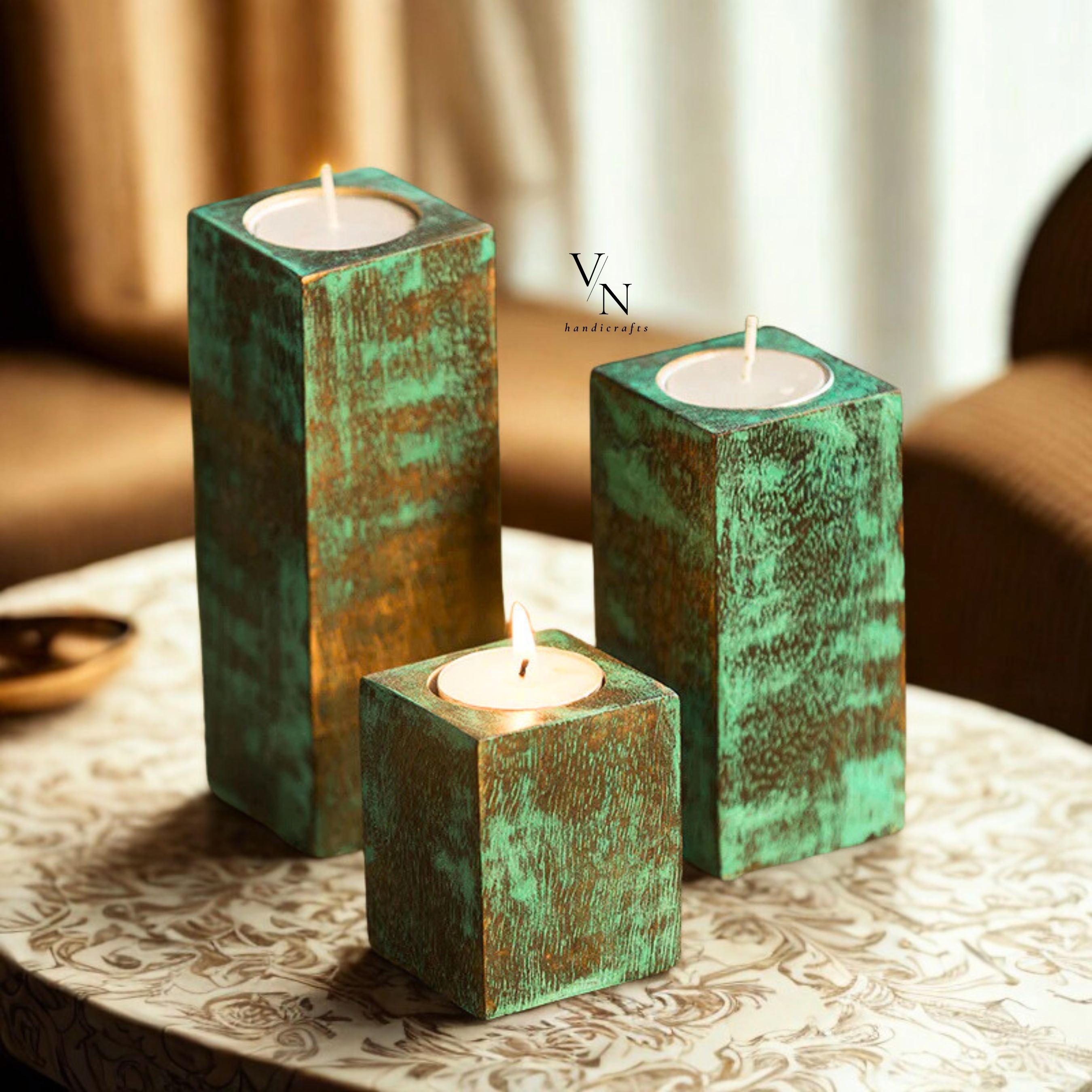 Antique Finish Tea Light Holders In Mango Wood