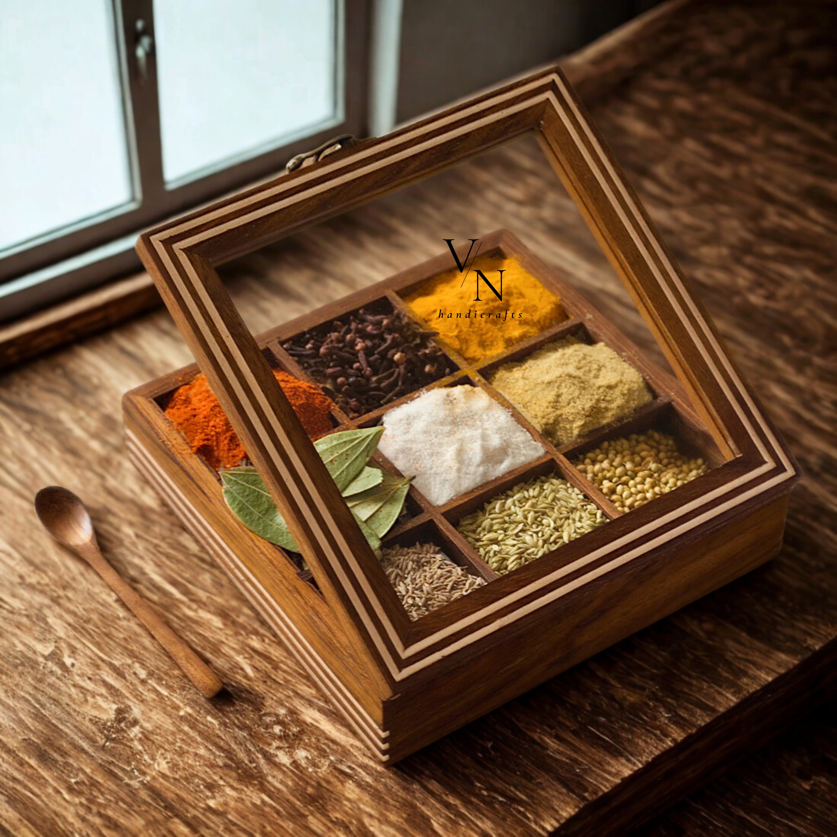 Wooden Spice Box With Spoon