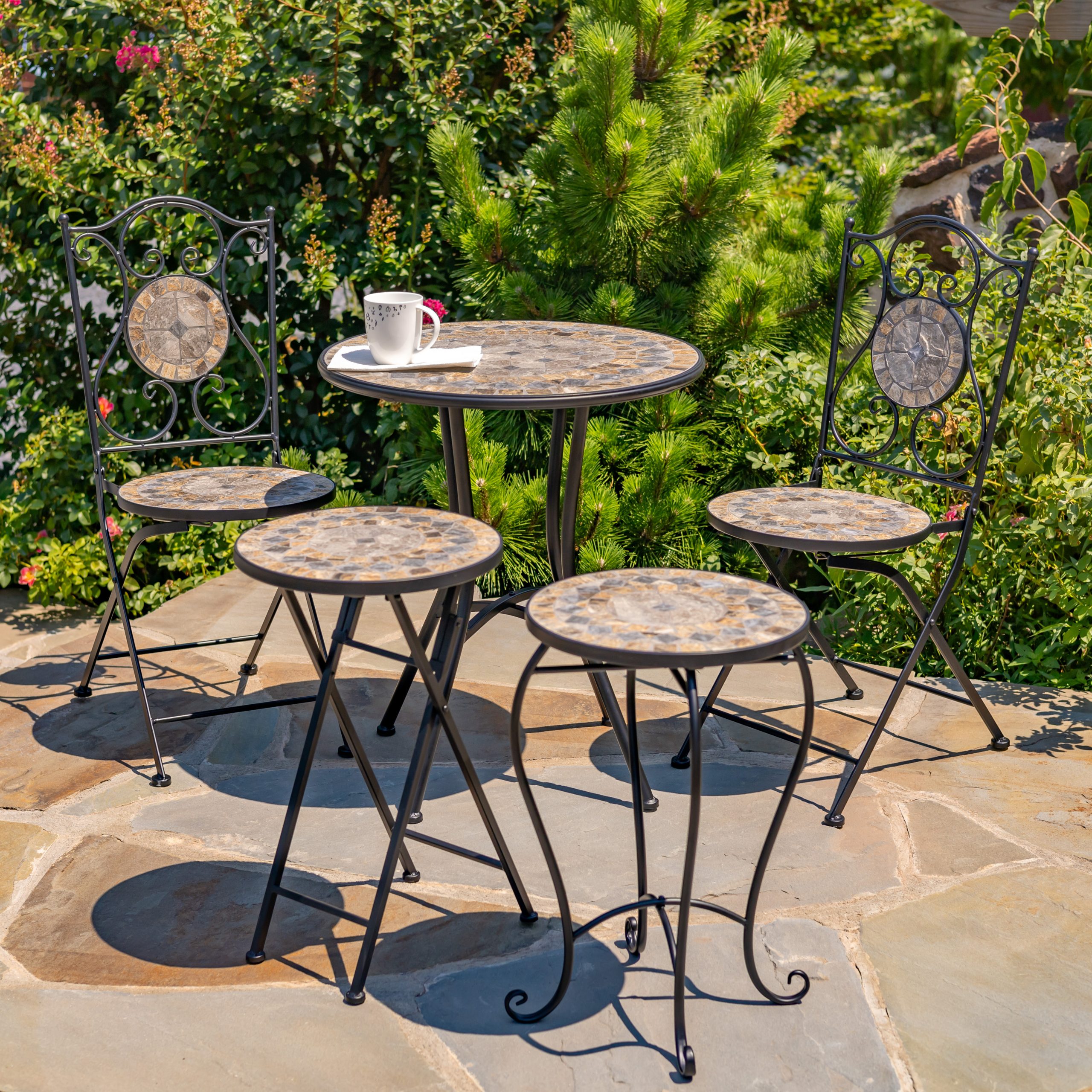 St. Augustine” Three Piece Mosaic Bistro Set – Stone Grey & Brown