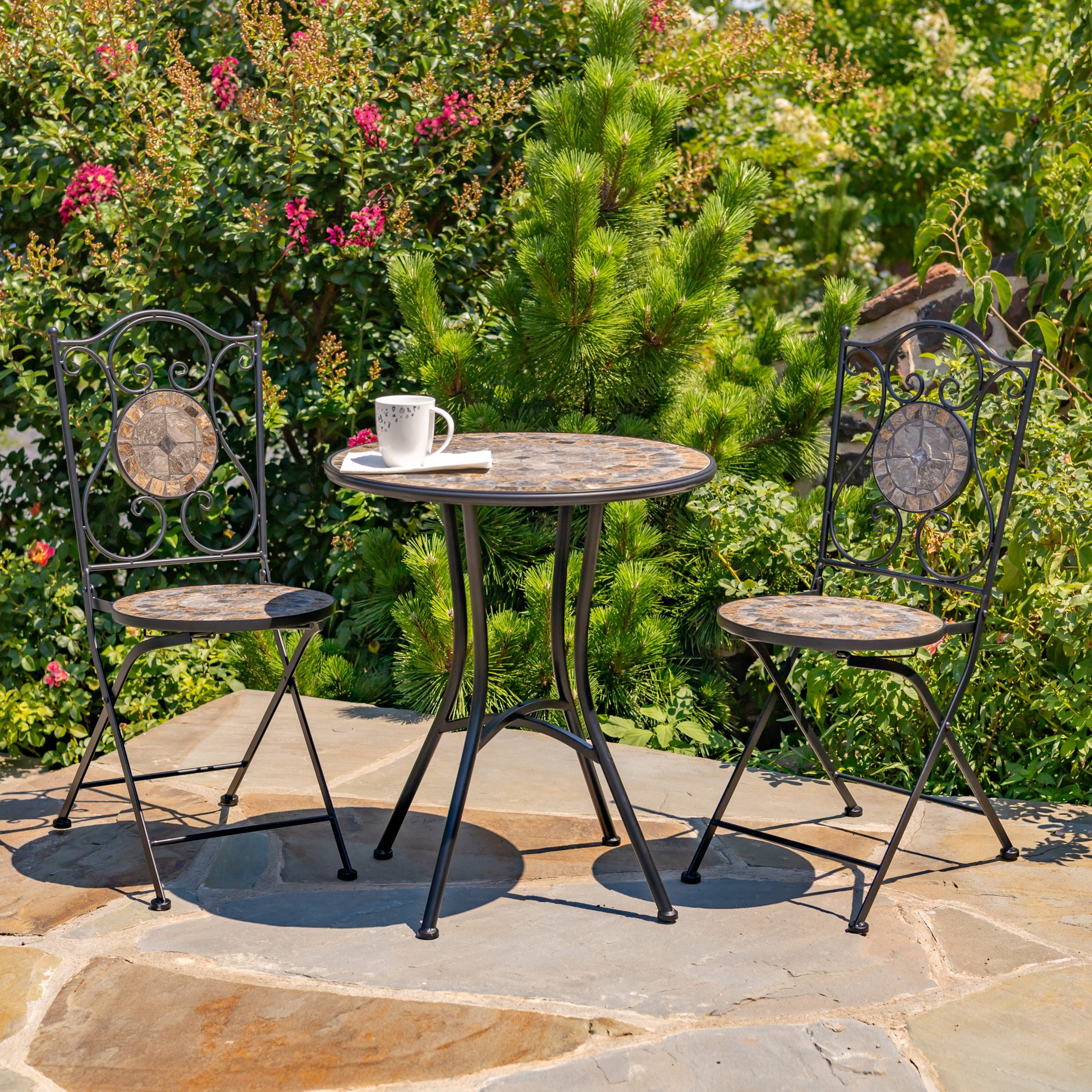 St. Augustine” Three Piece Mosaic Bistro Set – Stone Grey & Brown