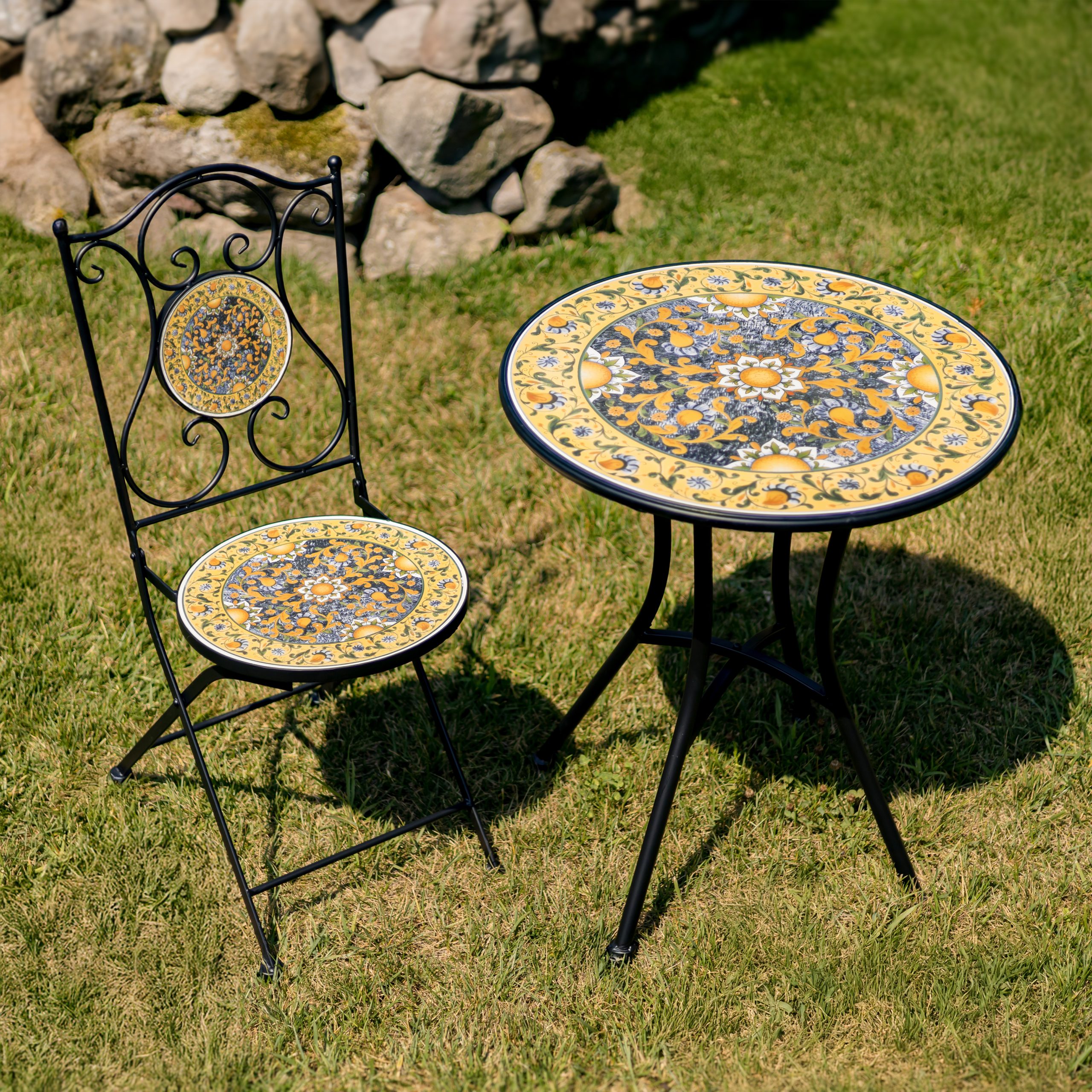 “Newport” Three Piece Mosaic Bistro Set – Gold, Blue & Orange