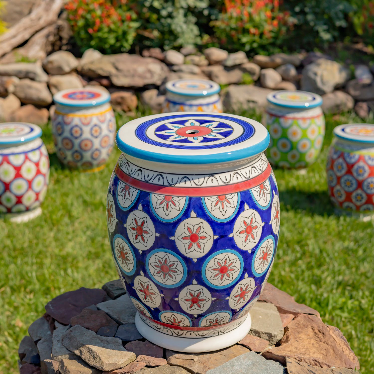 Ceramic Stoneware Stool in Navy, Ivory and Red “Cadence”