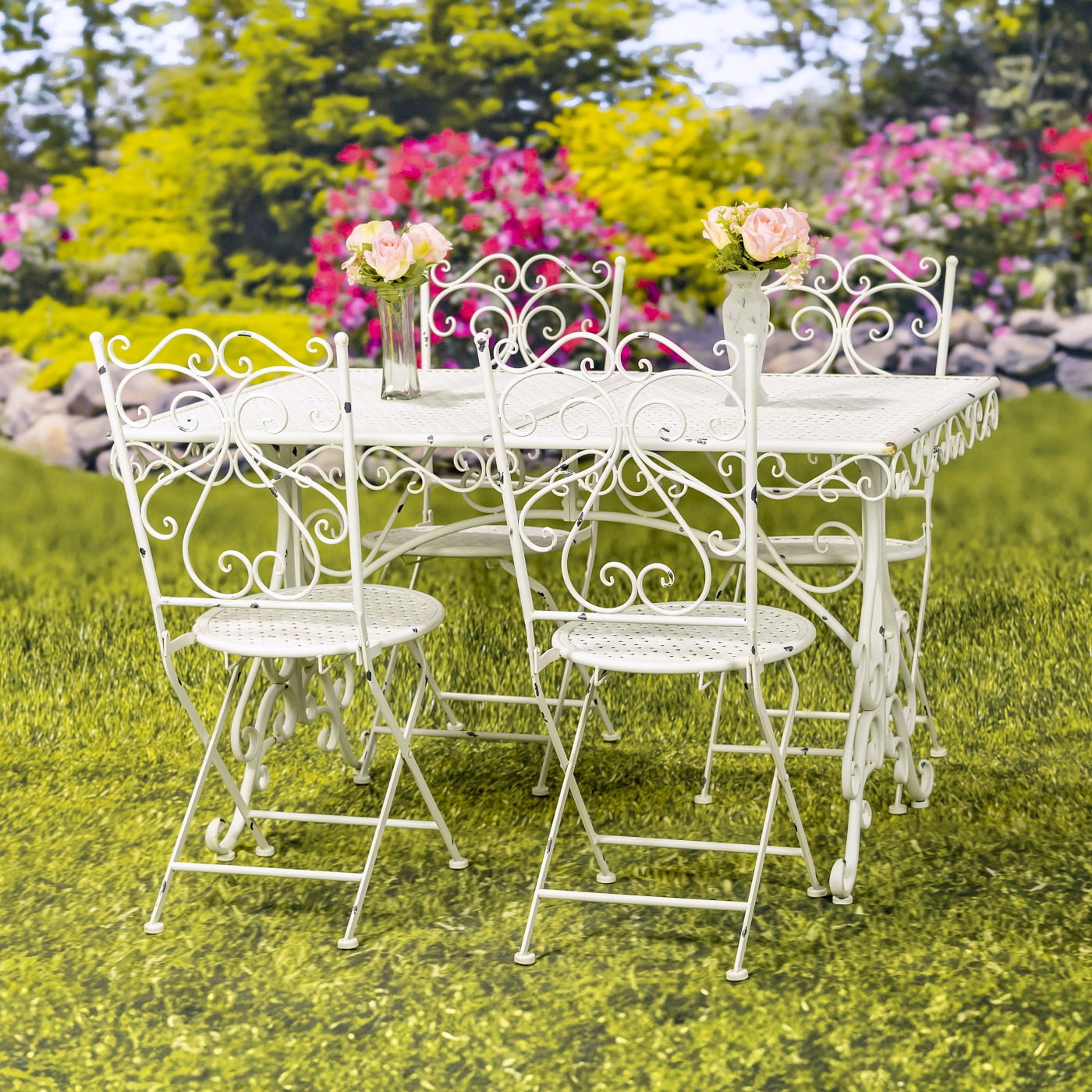 “Solebury” Five-Piece Metal Dining Set in Antique White
