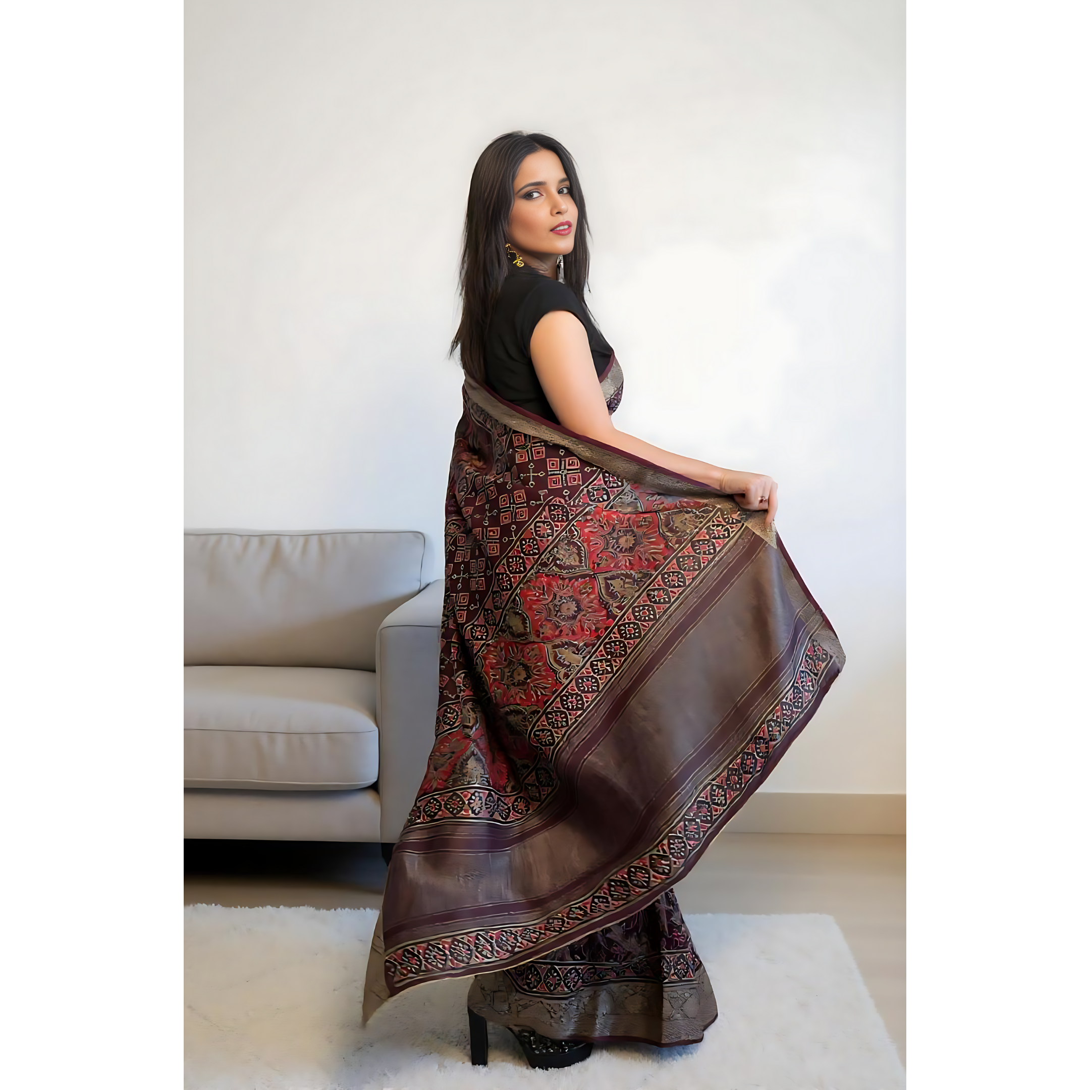 Lustrous Allure – Kalamkari Printed Pure Cotton Saree | Ready to Wear