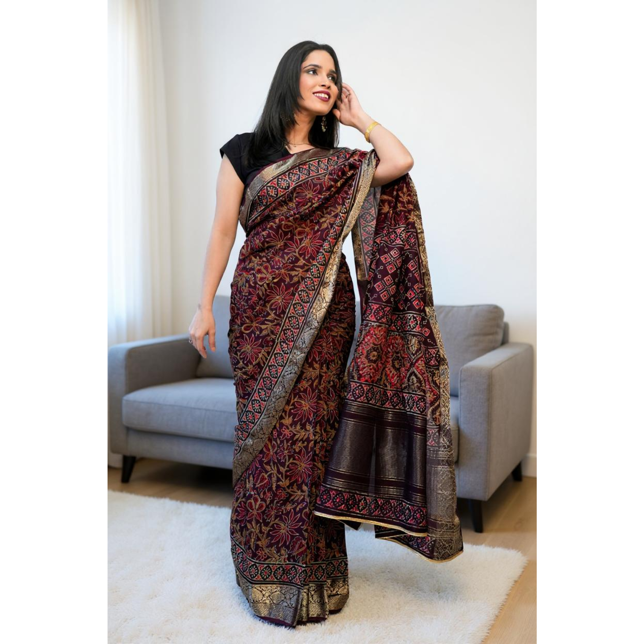 Lustrous Allure – Kalamkari Printed Pure Cotton Saree | Ready to Wear