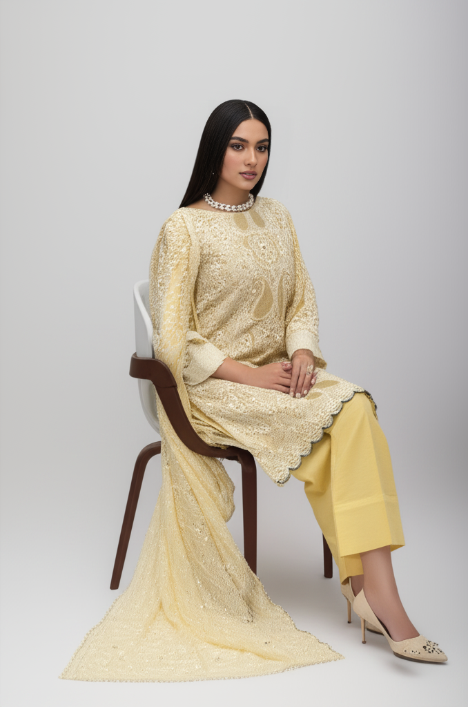 NOOR-e-NAZAAKAT – Handcrafted Chikankari Unstitched 3-Piece Suit