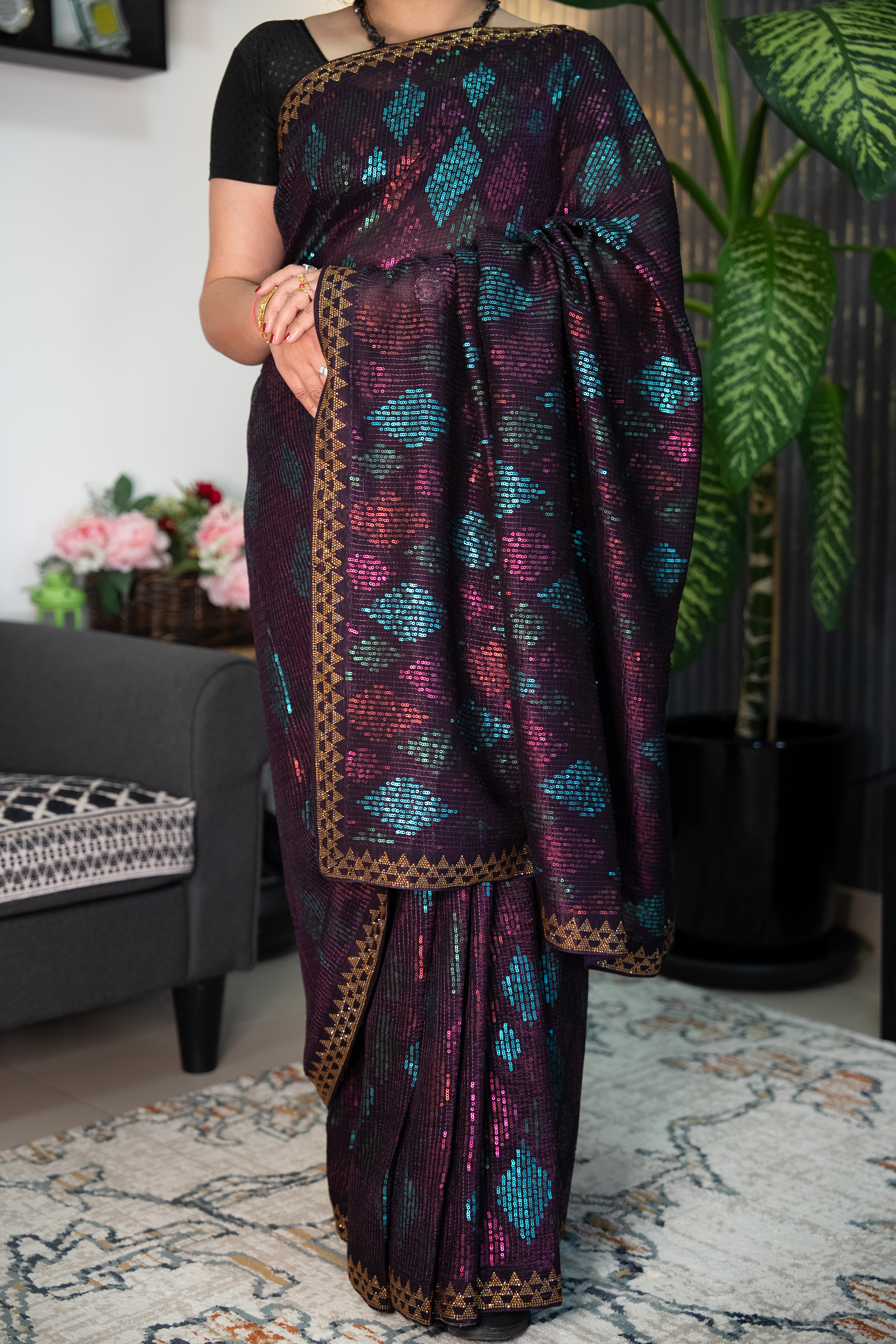 Pure Chiffon Sequin Ready-to-Wear Saree with Unstitched Blouse