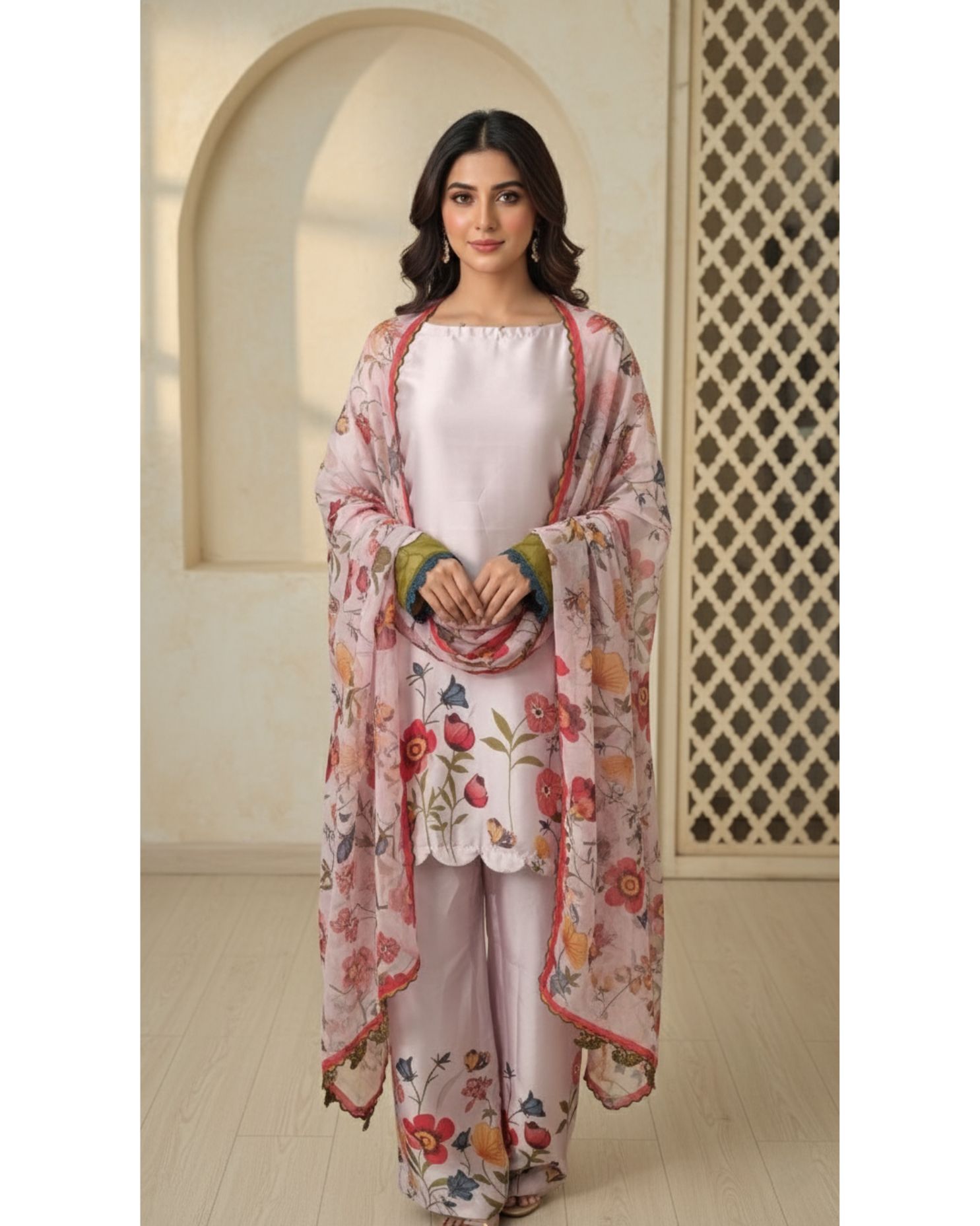 Charmeuse Silk Floral Co-ord Set with Organza Dupatta