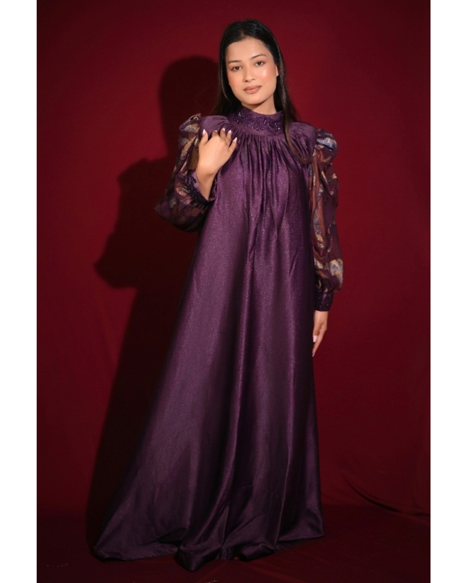 Violet Grace – Crepe Silk Gown with Chiffon Sleeves