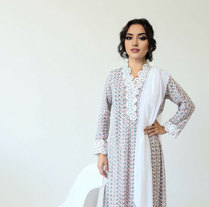 Stitched Pima Cotton Embroidered Ensemble with Chiffon Grace
