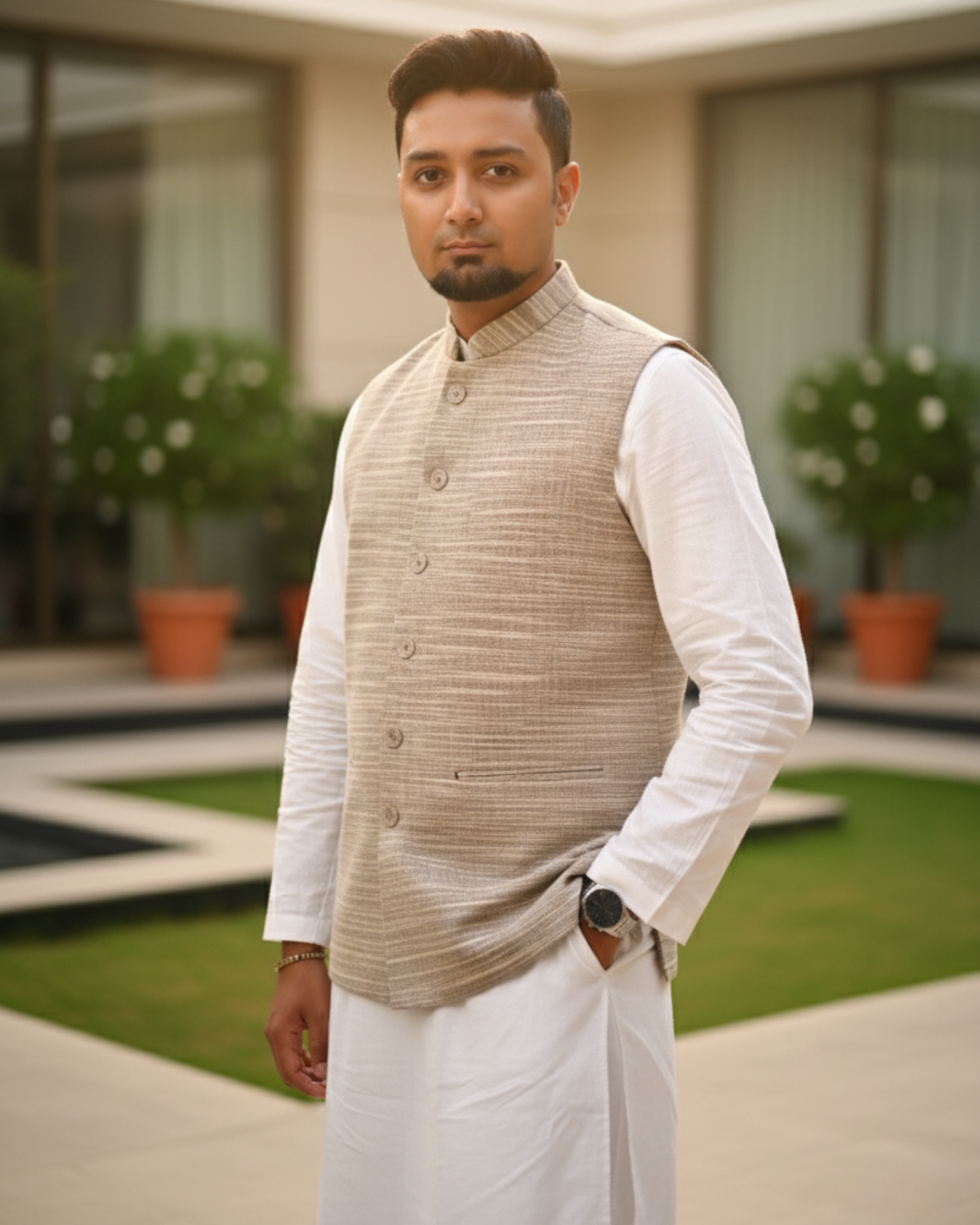 Hand-Woven Khaadi Nehru Jacket