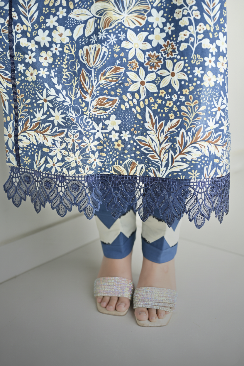 Azure Bloom – Lawn Floral Ensemble