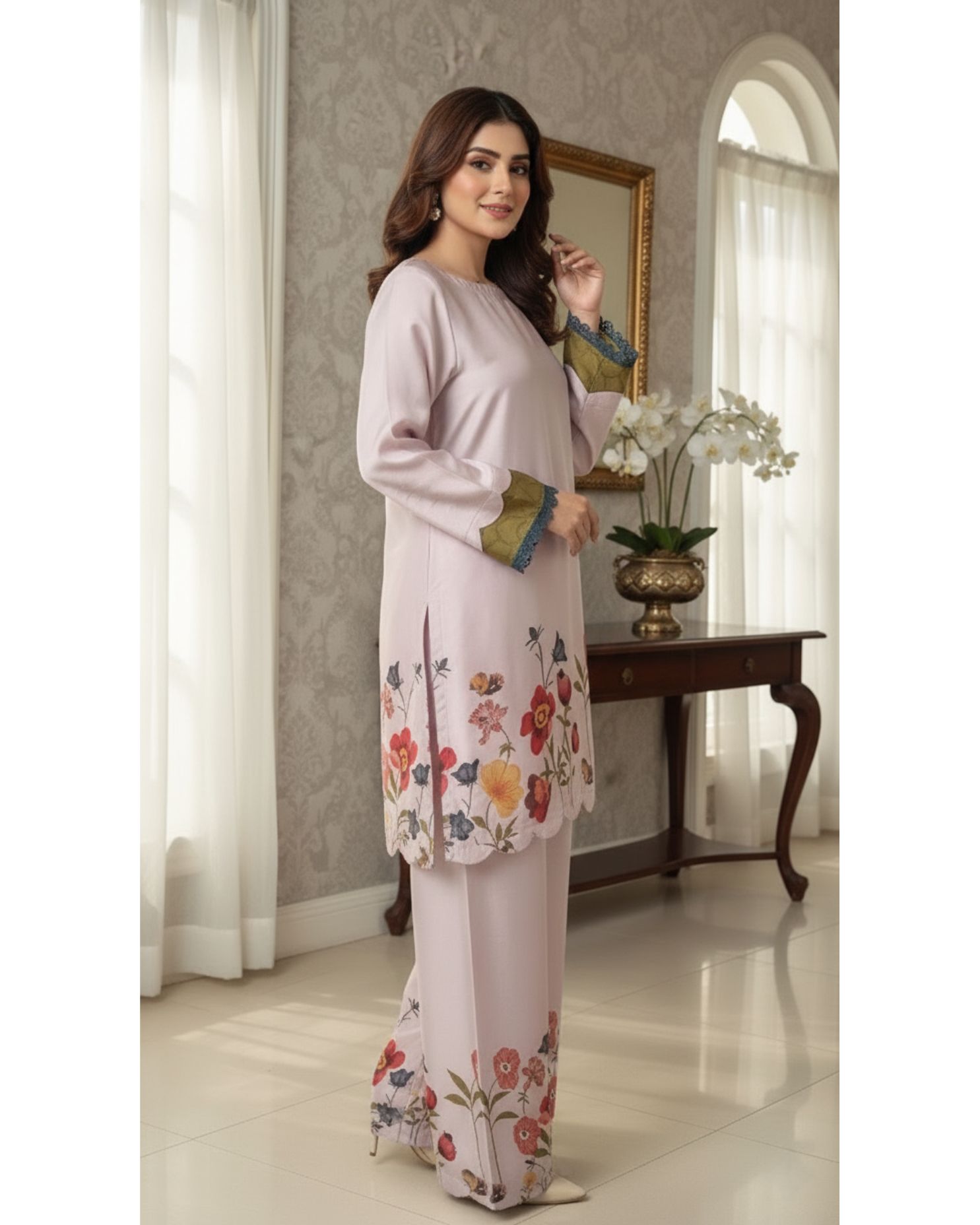 Charmeuse Silk Floral Co-ord Set with Organza Dupatta