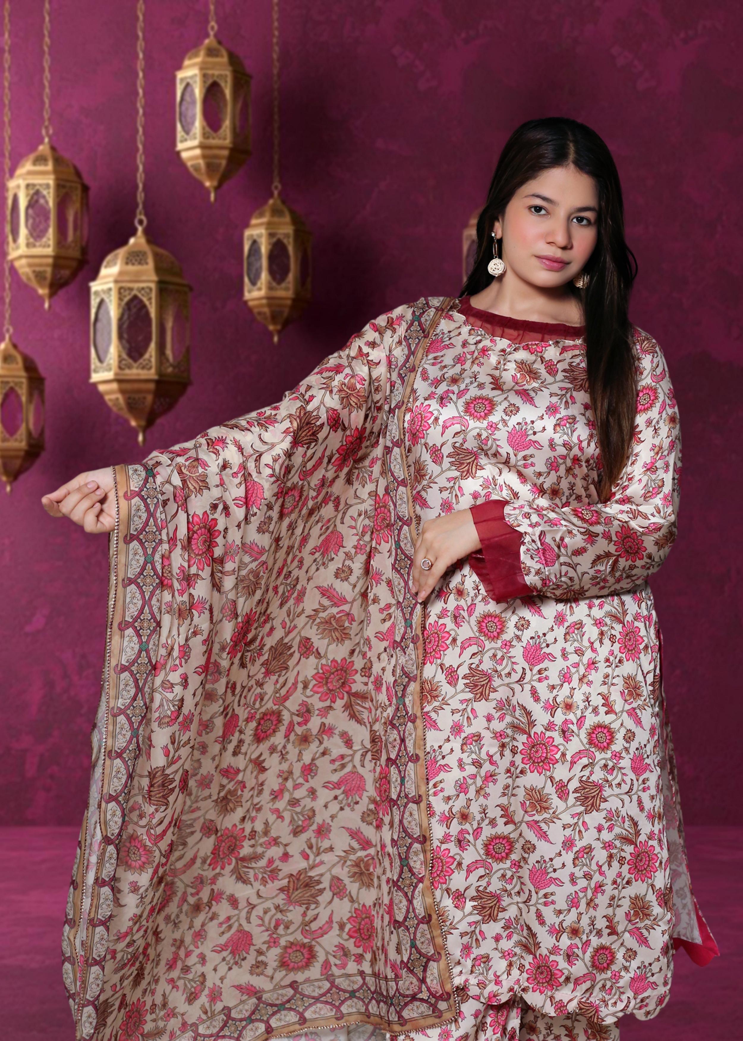 Charmeuse Silk Ensemble with Chiffon Dupatta