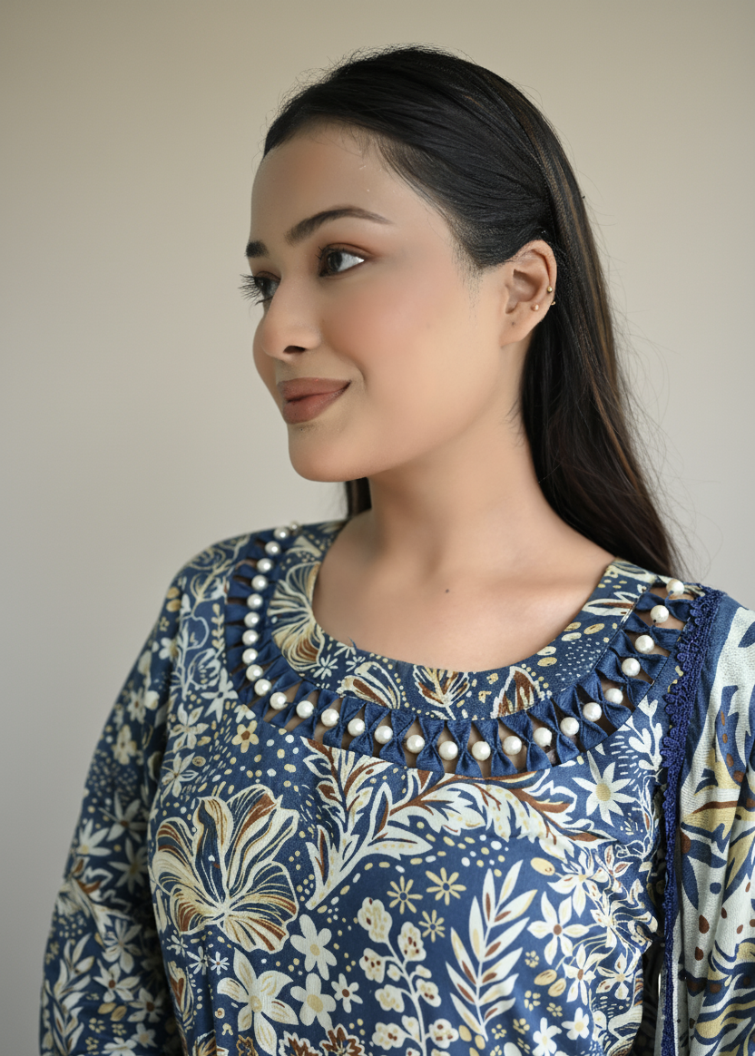 Azure Bloom – Lawn Floral Ensemble