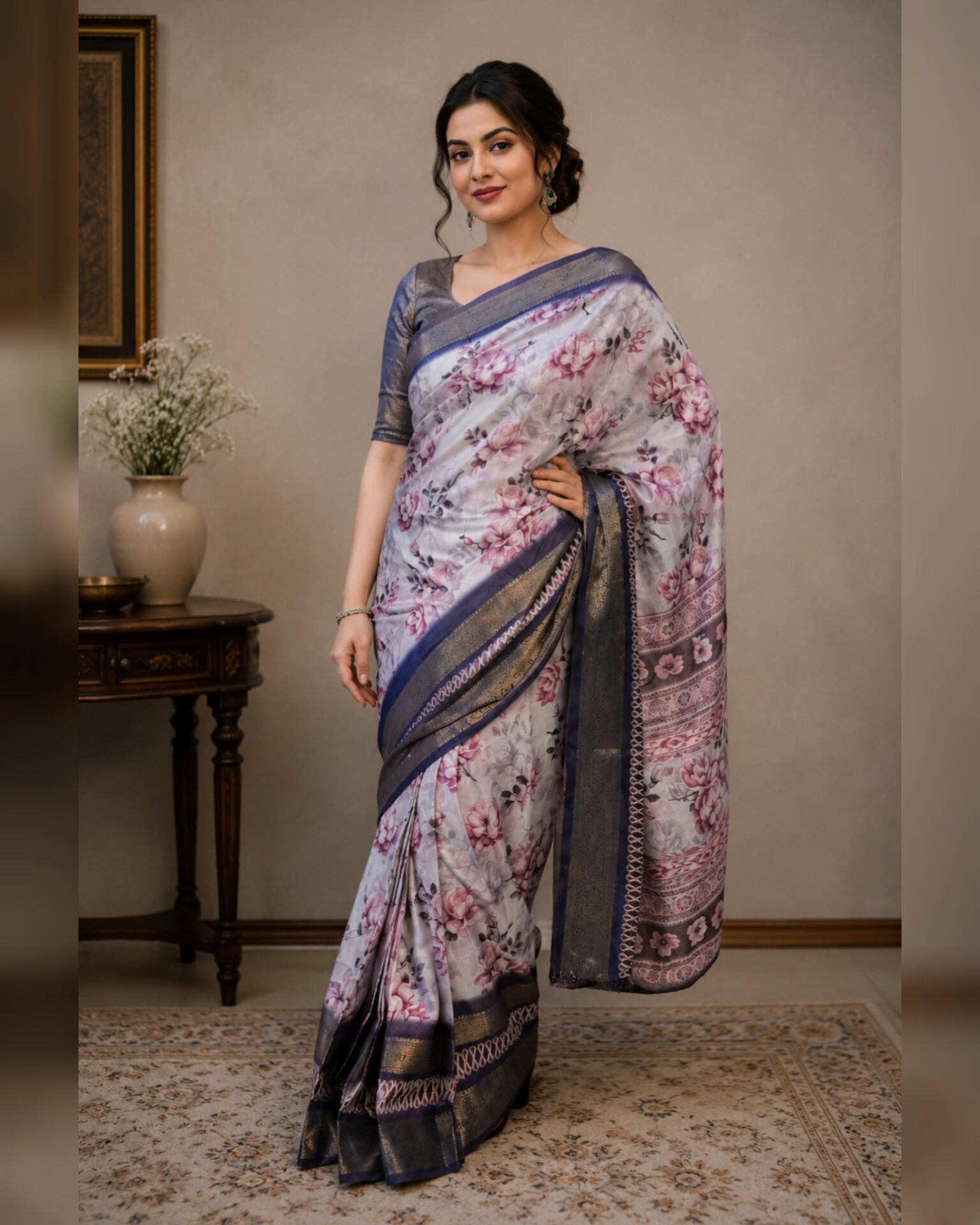 Timeless Grace – Printed Chiffon Saree with Zari Border | Ready to Wear
