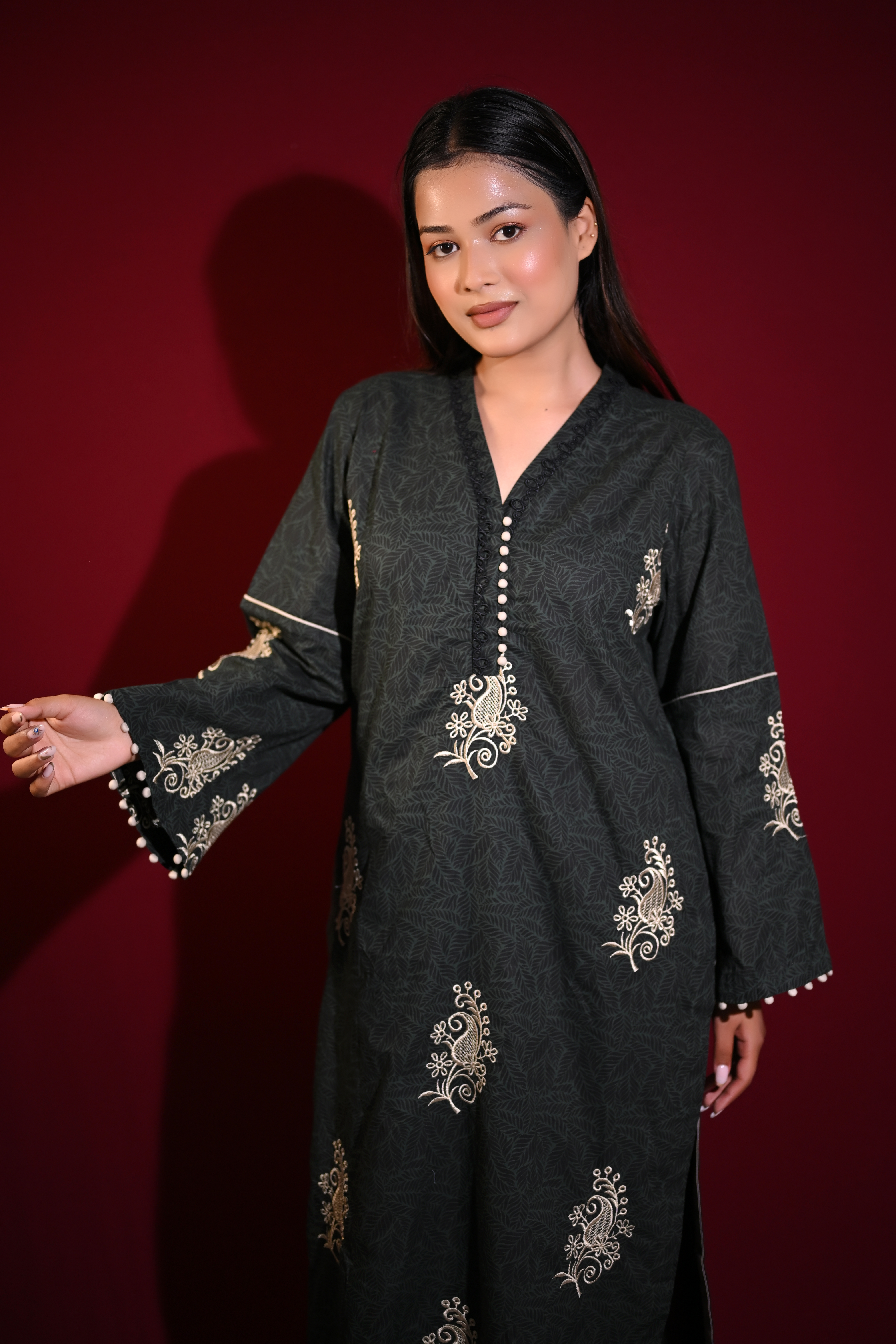 Noir Flora – Cotton Embroidered Ensemble