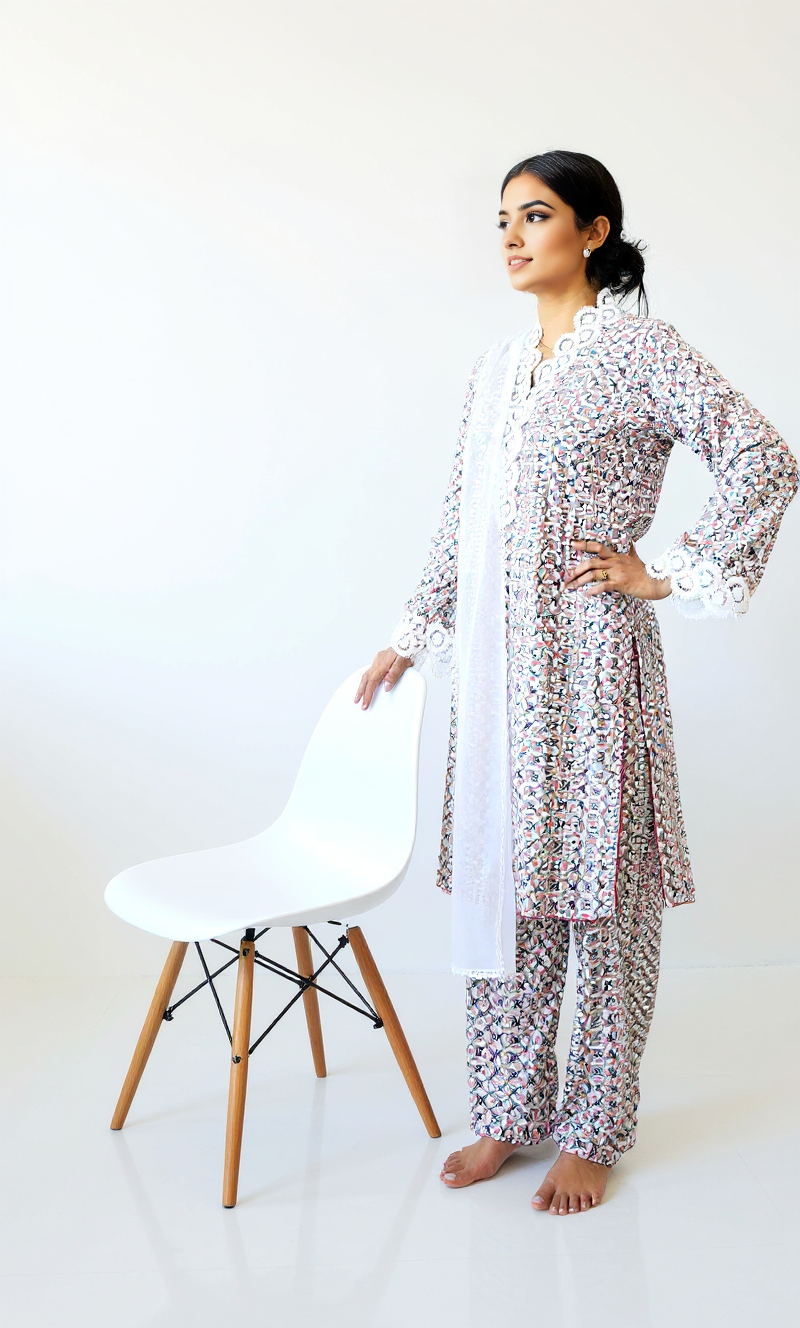 Stitched Pima Cotton Embroidered Ensemble with Chiffon Grace