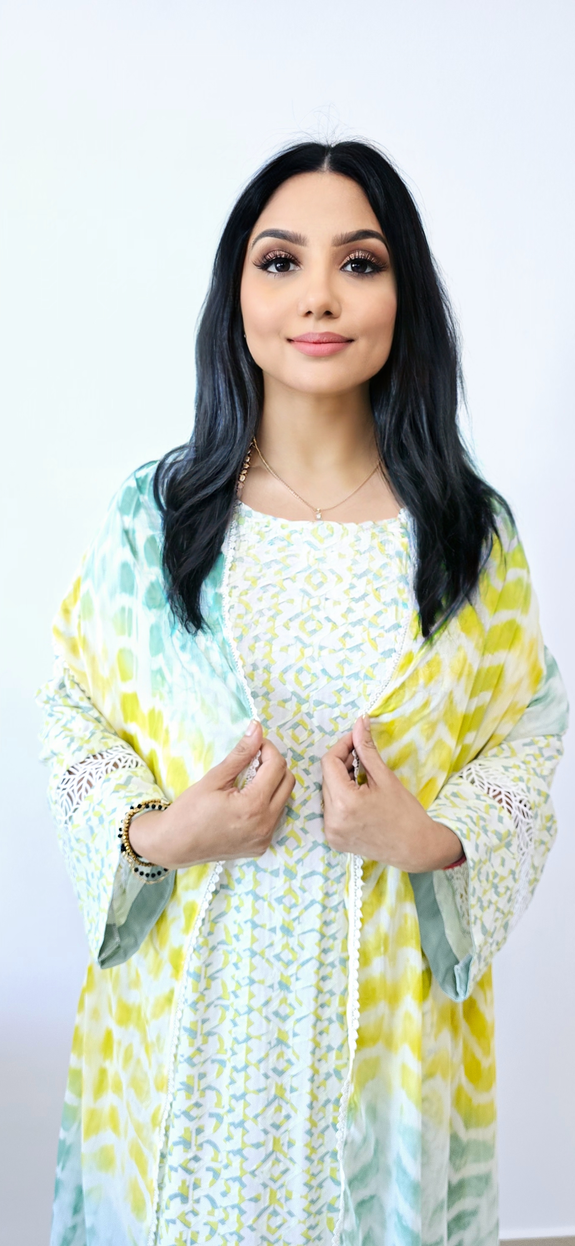 Embroidered Pima Cotton Ensemble with Chiffon Elegance