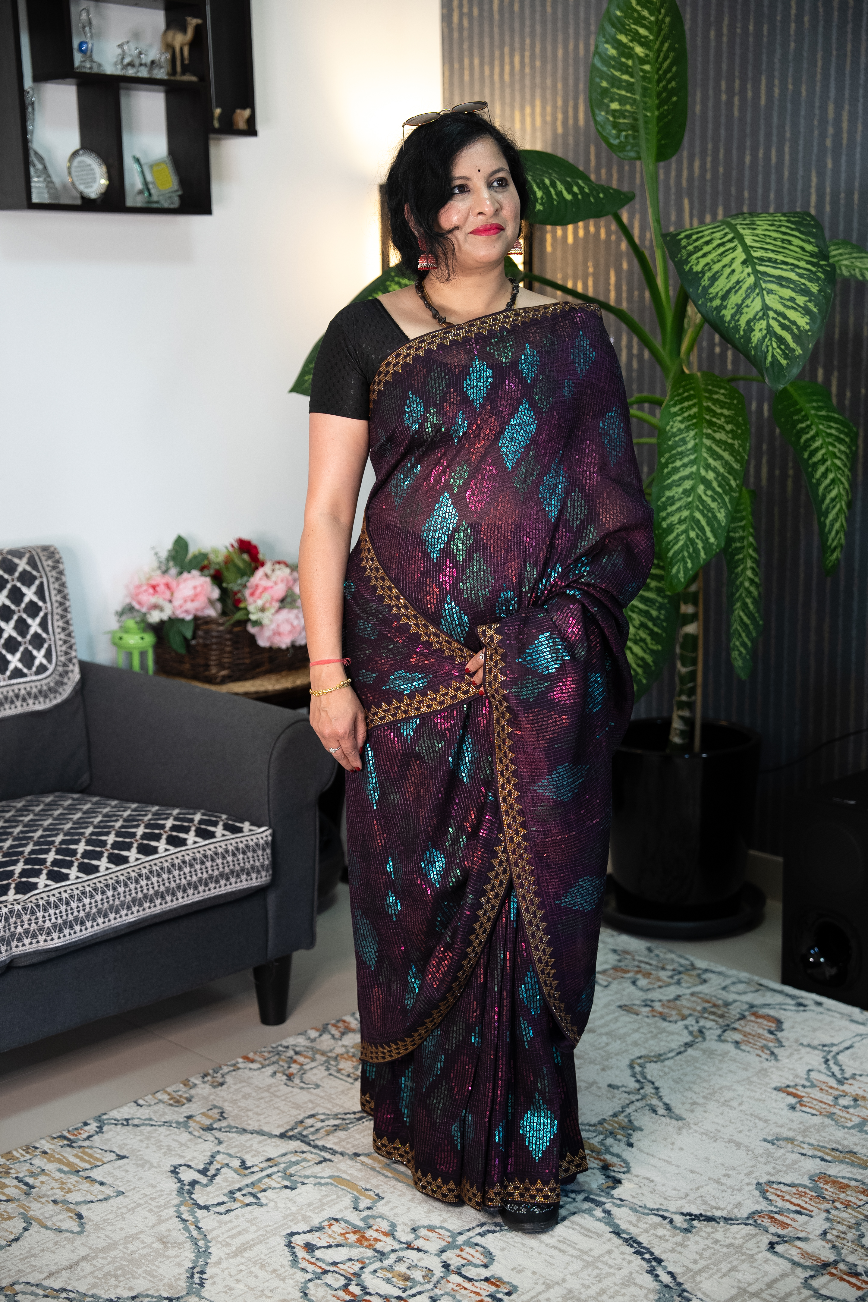 Pure Chiffon Sequin Ready-to-Wear Saree with Unstitched Blouse