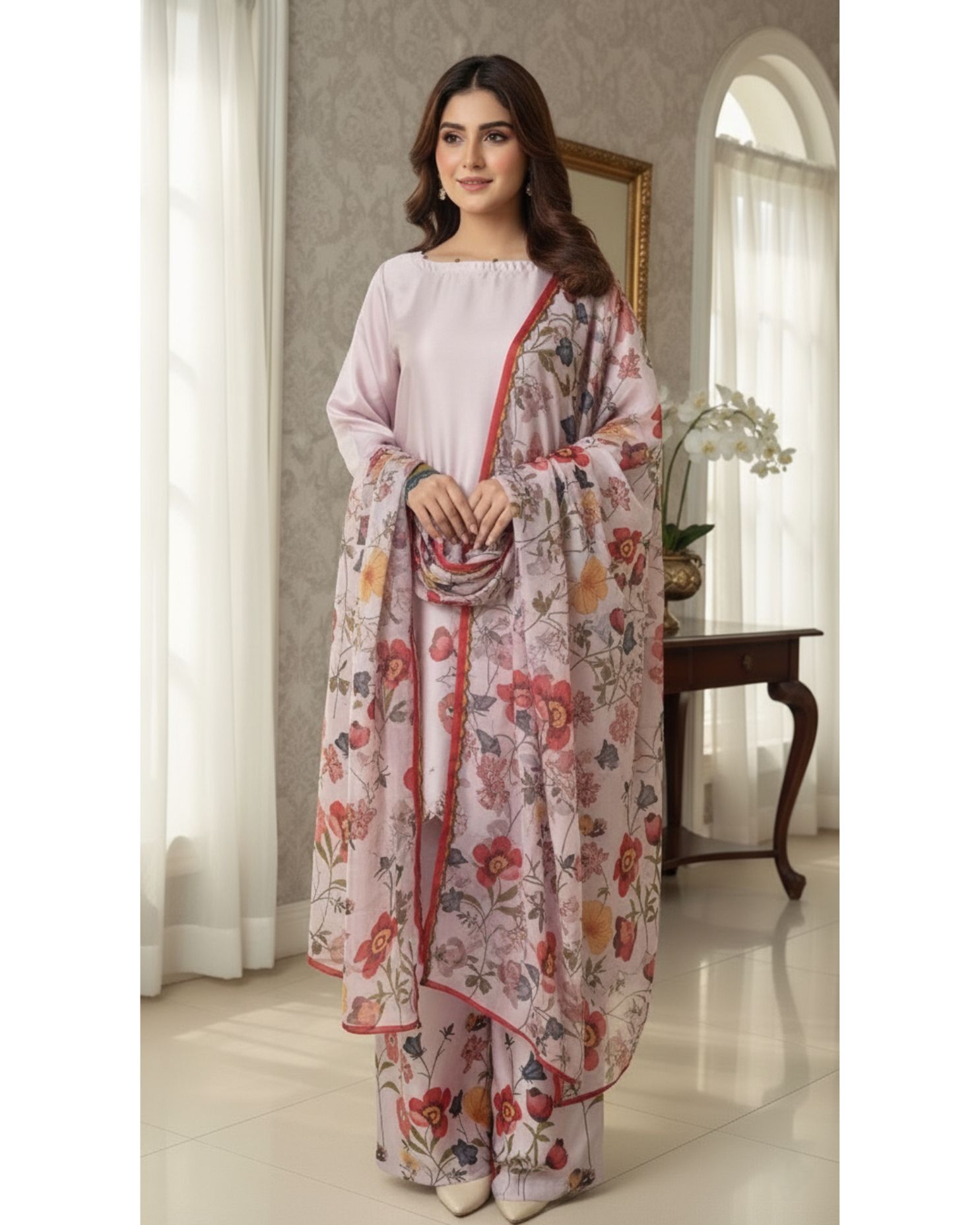Charmeuse Silk Floral Co-ord Set with Organza Dupatta