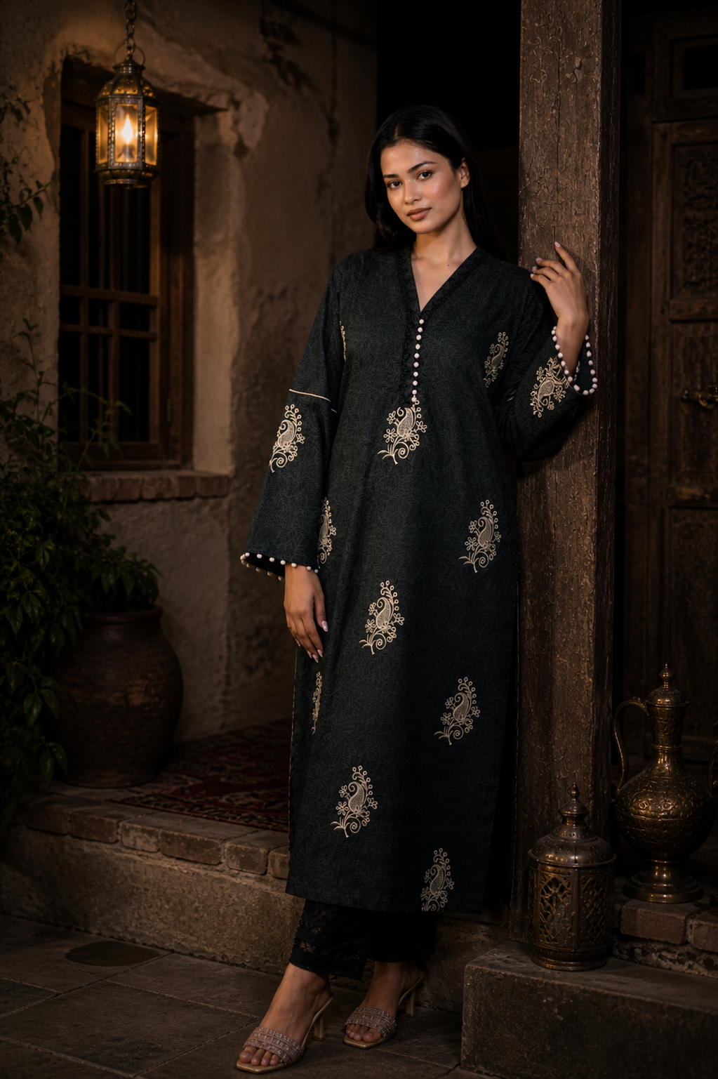 Noir Flora – Cotton Embroidered Ensemble