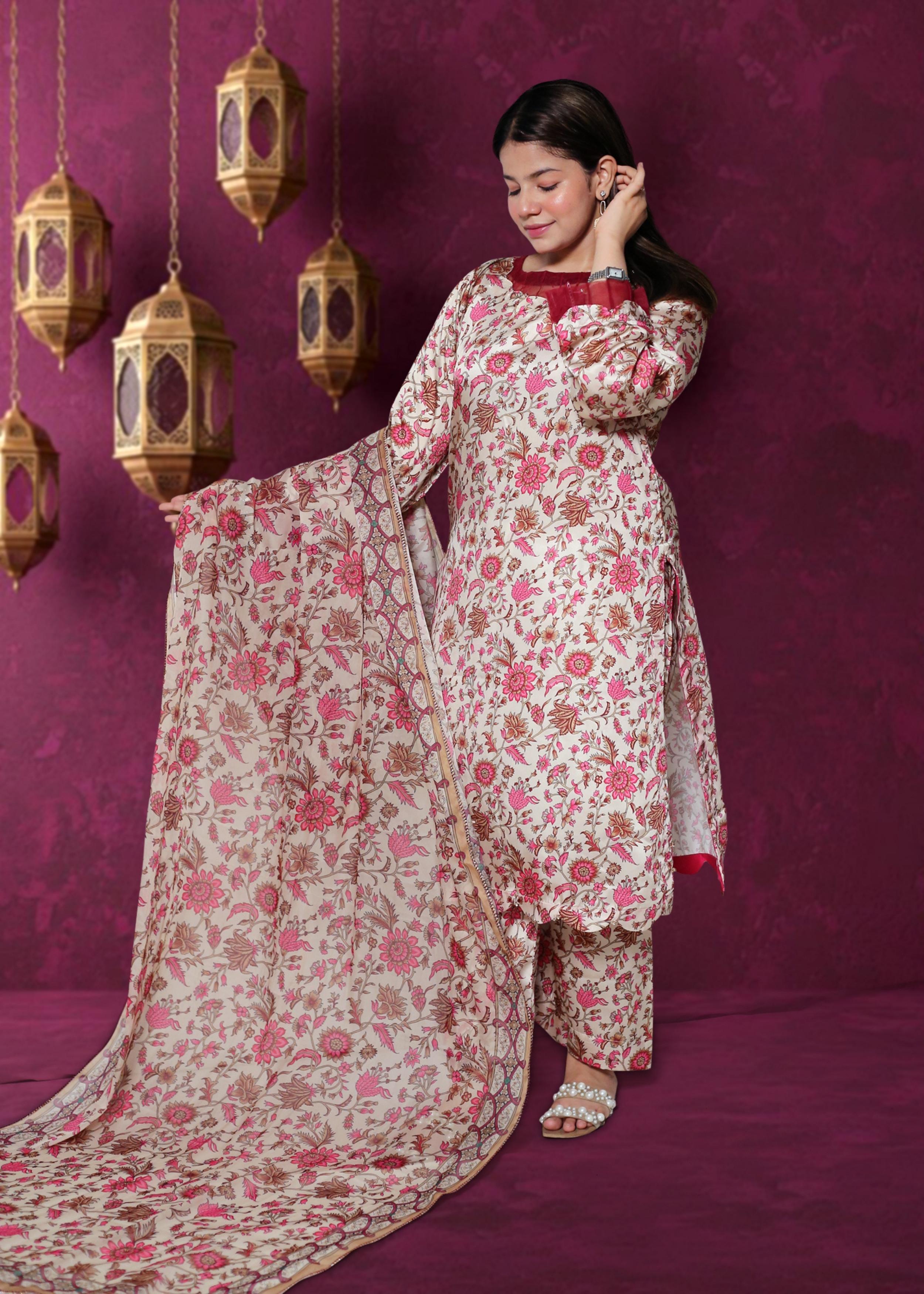 Charmeuse Silk Ensemble with Chiffon Dupatta