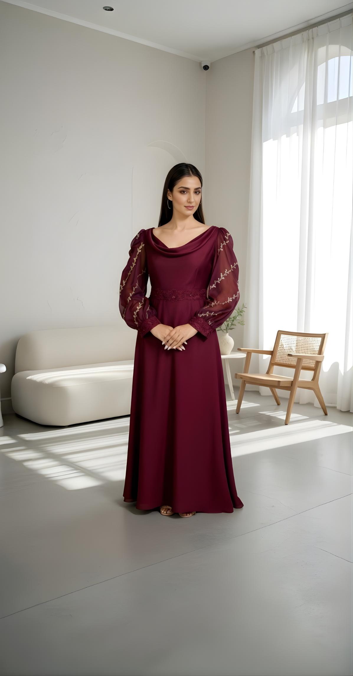 Maroon Majesty – Armani Silk Gown with Embroidered Chiffon Sleeves