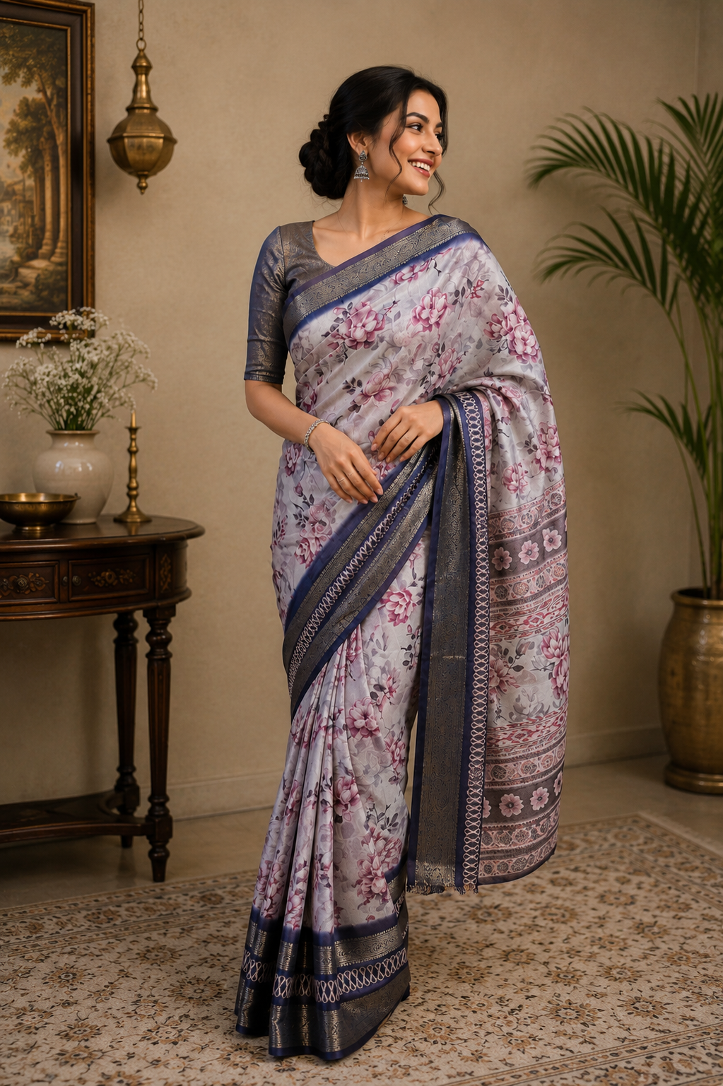 Timeless Grace – Printed Chiffon Saree with Zari Border | Ready to Wear