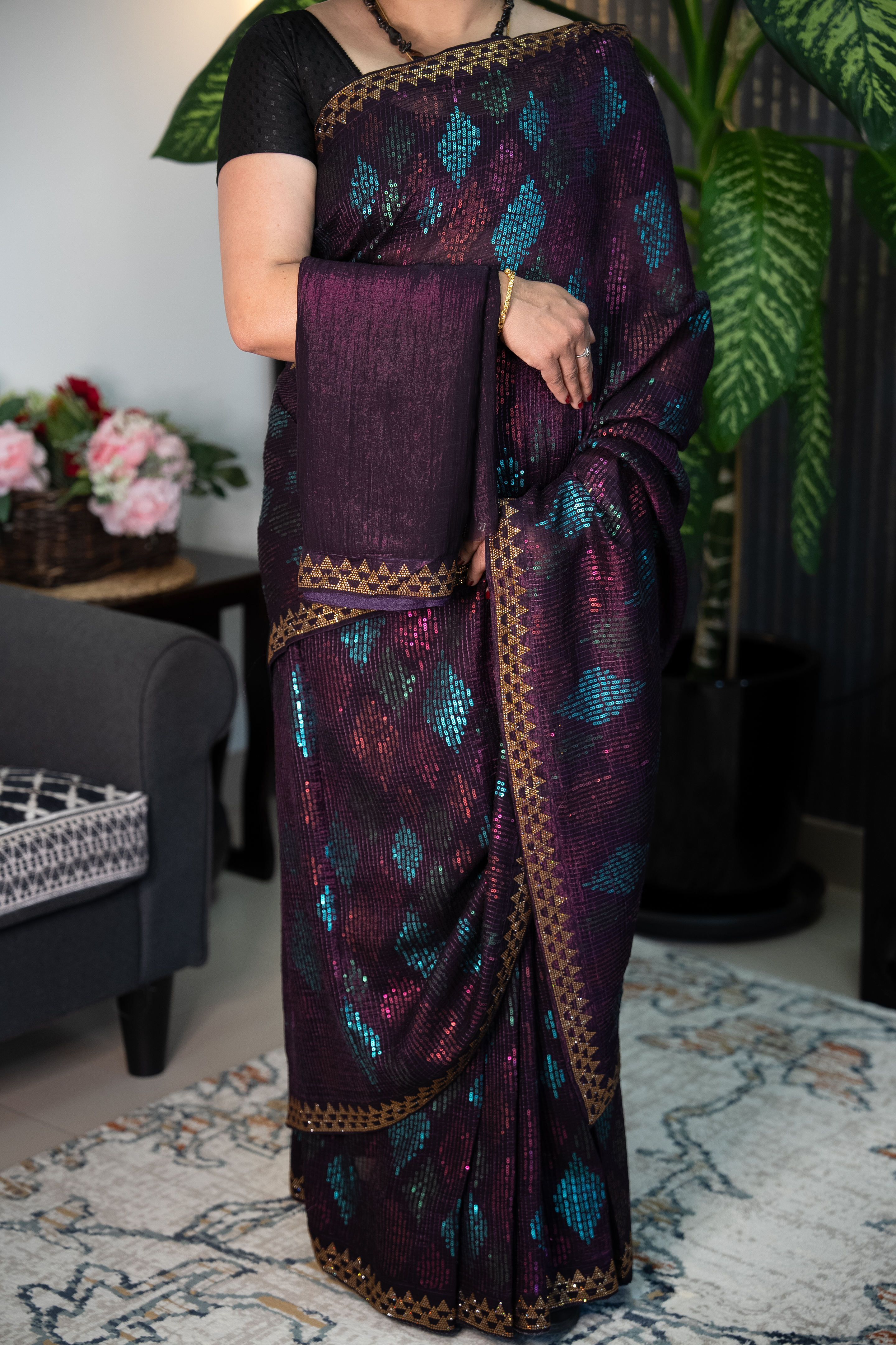 Pure Chiffon Sequin Ready-to-Wear Saree with Unstitched Blouse