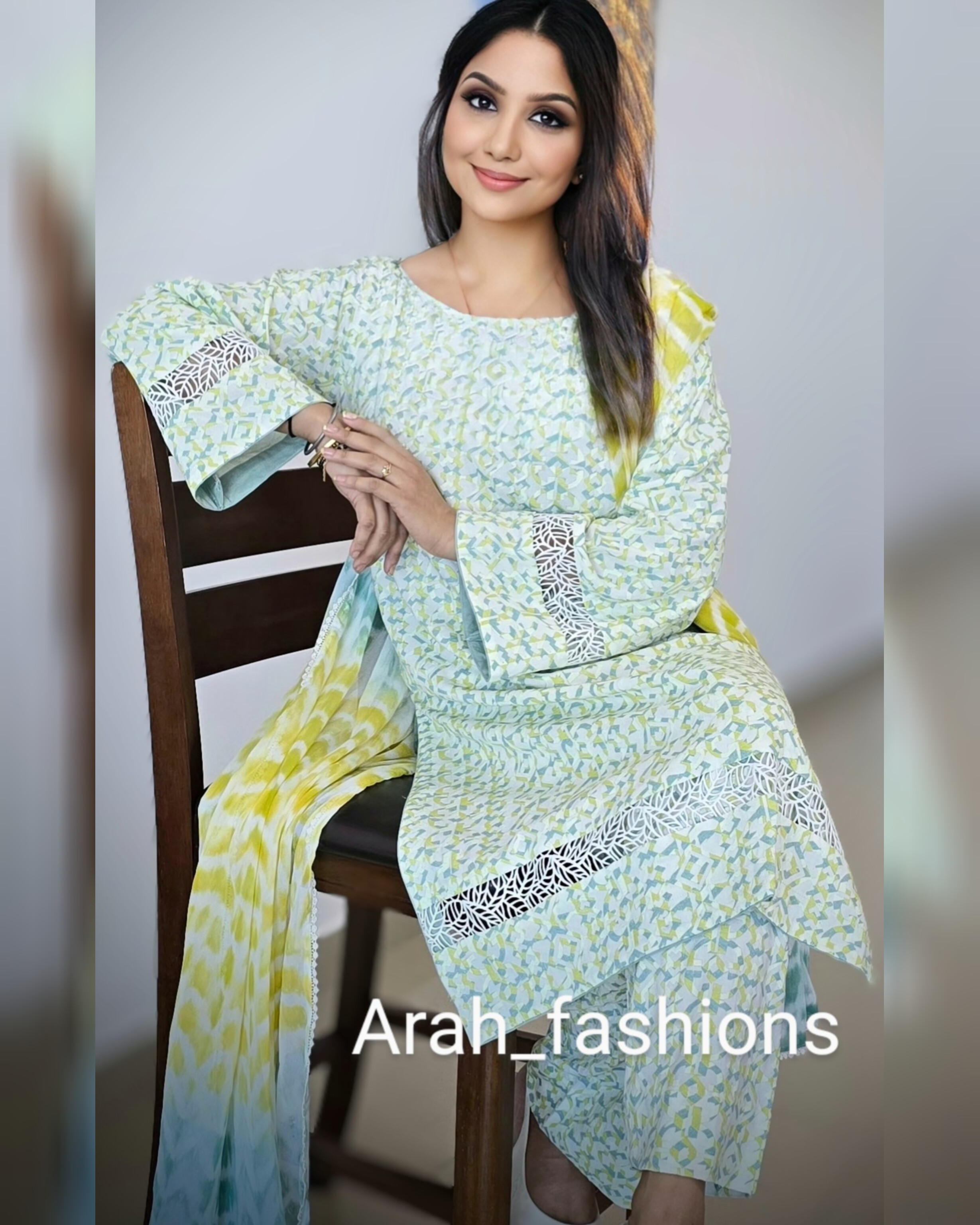 Embroidered Pima Cotton Ensemble with Chiffon Elegance