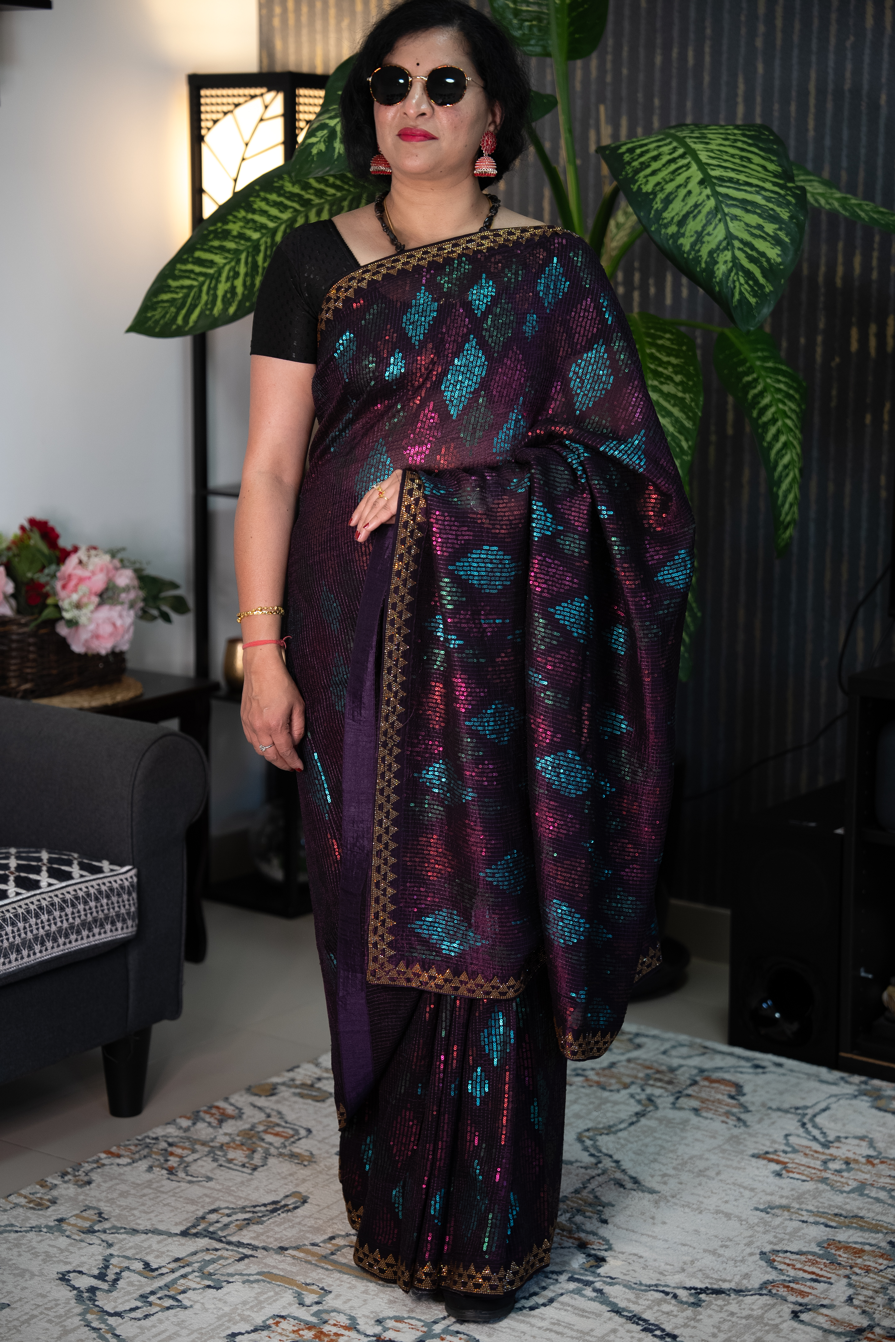 Pure Chiffon Sequin Ready-to-Wear Saree with Unstitched Blouse
