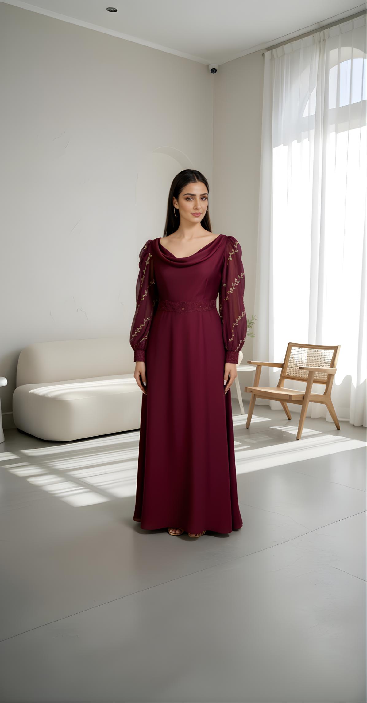 Maroon Majesty – Armani Silk Gown with Embroidered Chiffon Sleeves