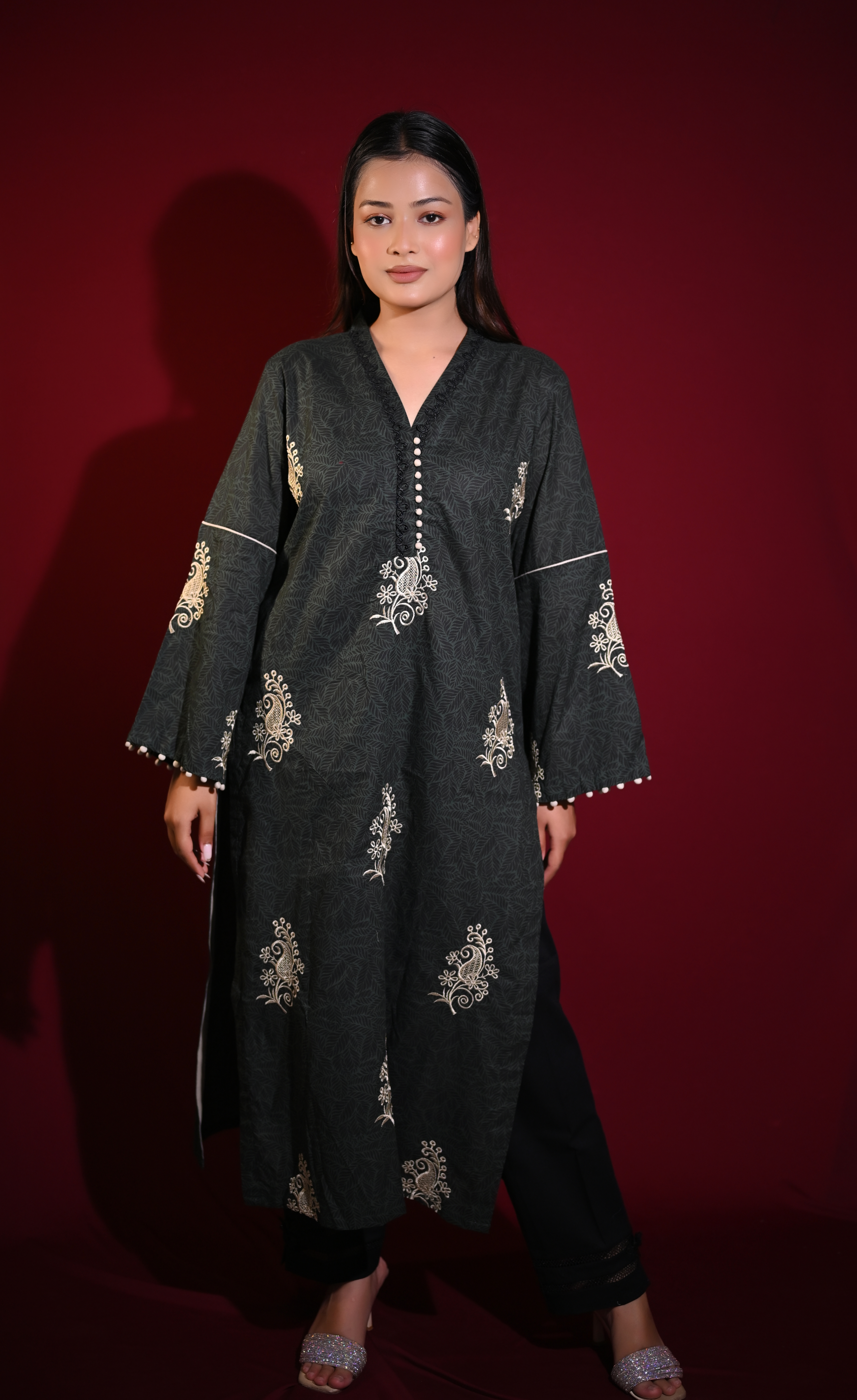 Noir Flora – Cotton Embroidered Ensemble