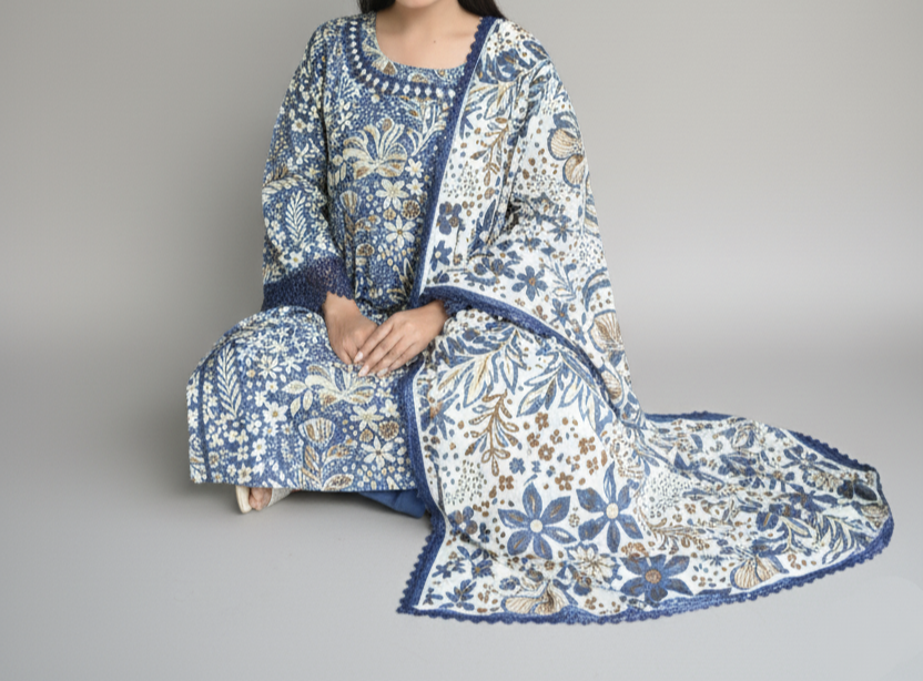 Azure Bloom – Lawn Floral Ensemble
