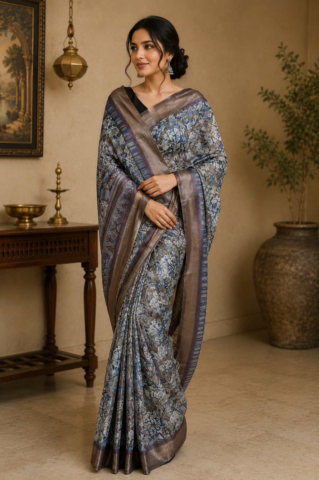  Radiant Charm – Printed Chiffon Saree with Zari Border | Ready to Wear