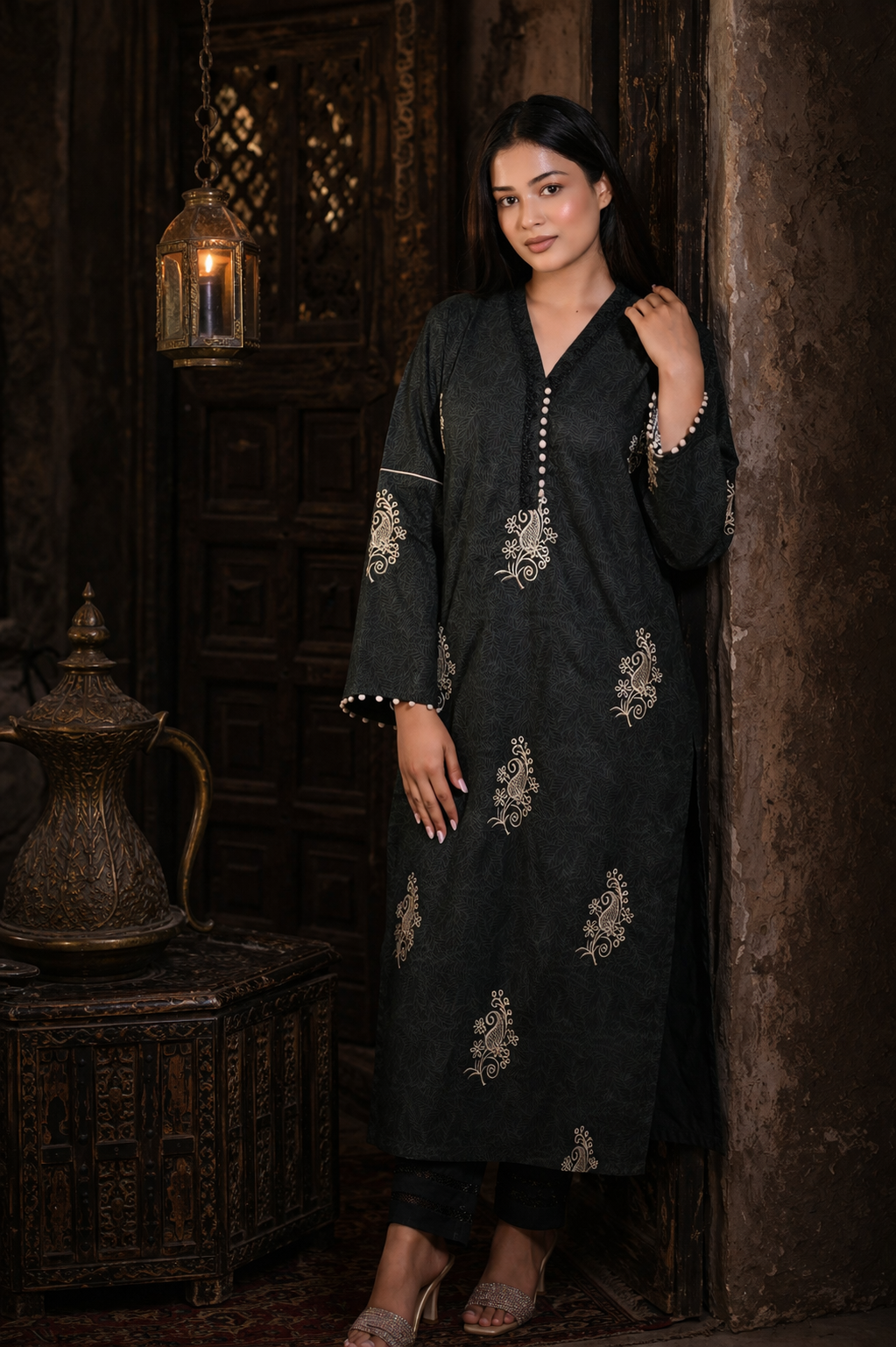 Noir Flora – Cotton Embroidered Ensemble
