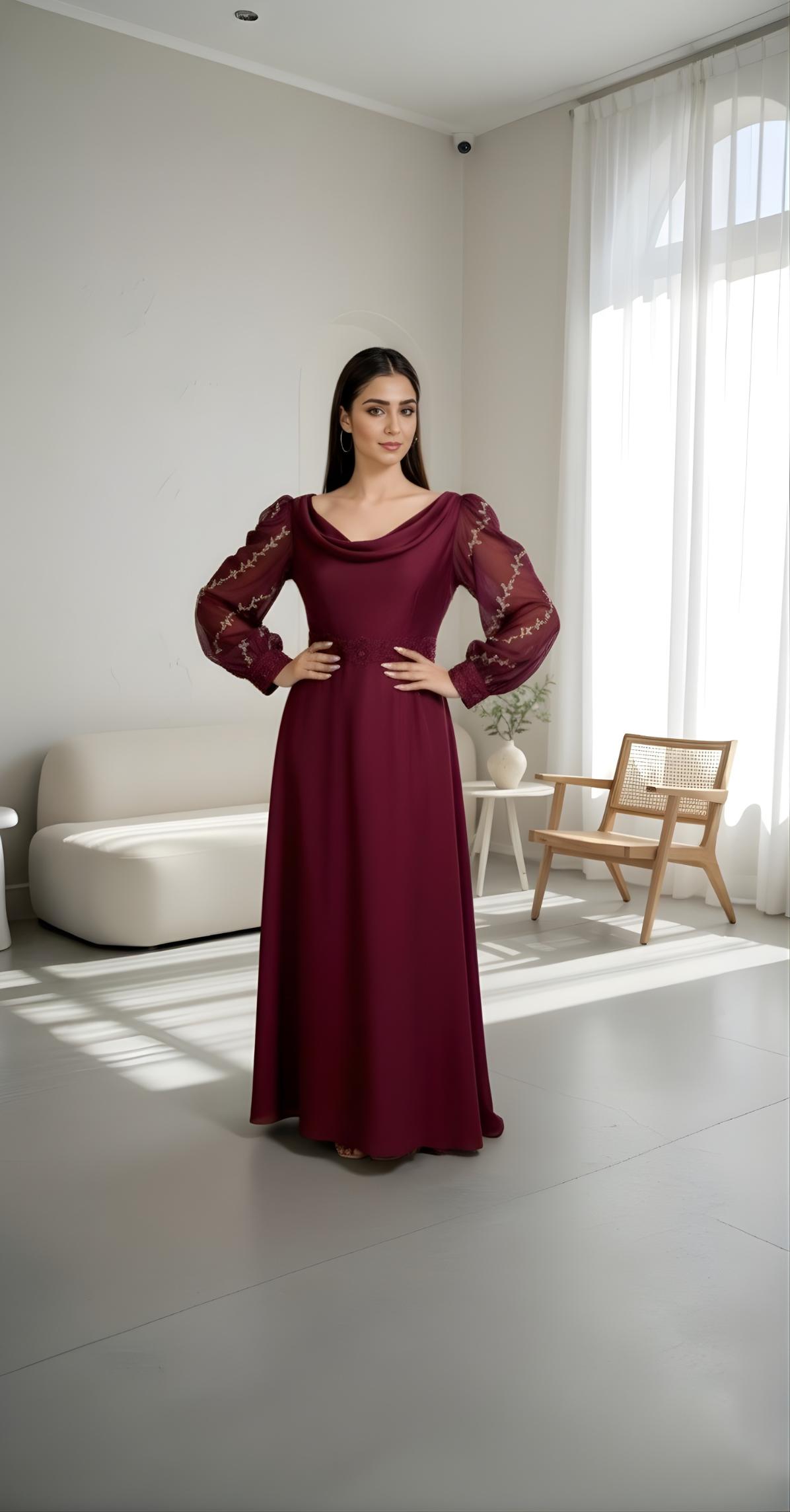 Maroon Majesty – Armani Silk Gown with Embroidered Chiffon Sleeves