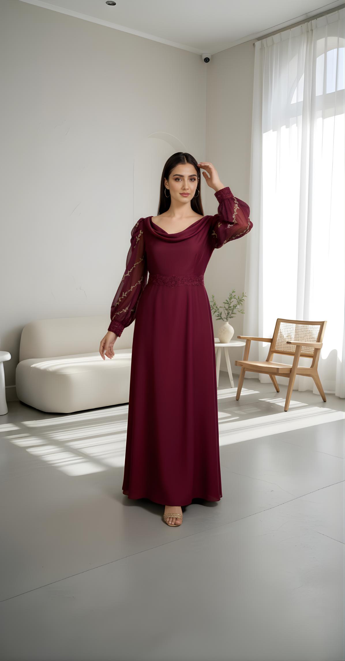 Maroon Majesty – Armani Silk Gown with Embroidered Chiffon Sleeves
