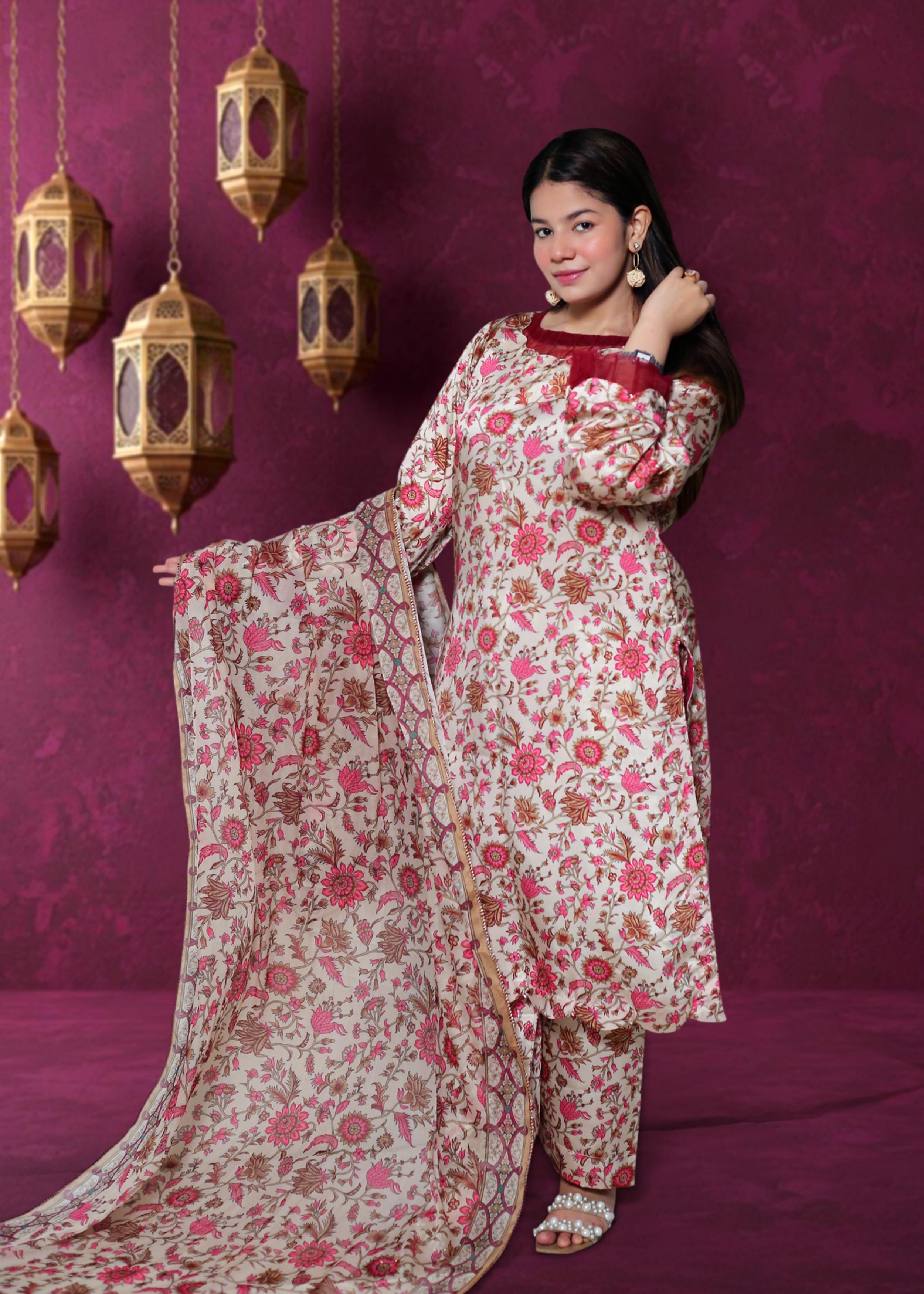 Charmeuse Silk Ensemble with Chiffon Dupatta