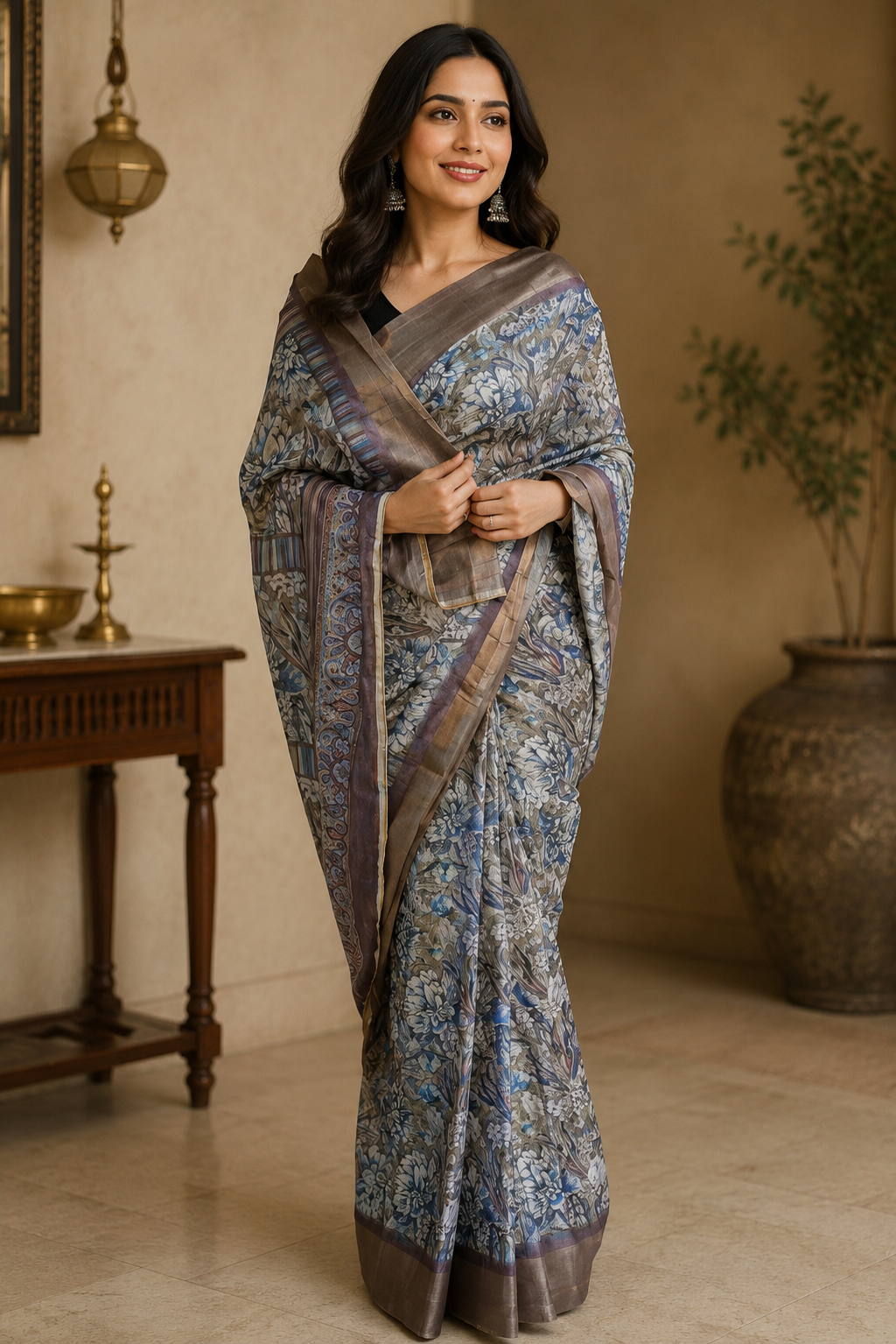  Radiant Charm – Printed Chiffon Saree with Zari Border | Ready to Wear
