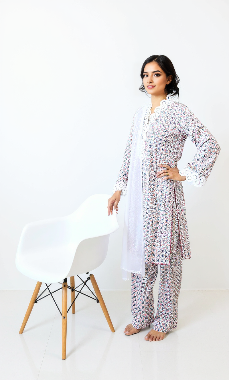 Stitched Pima Cotton Embroidered Ensemble with Chiffon Grace