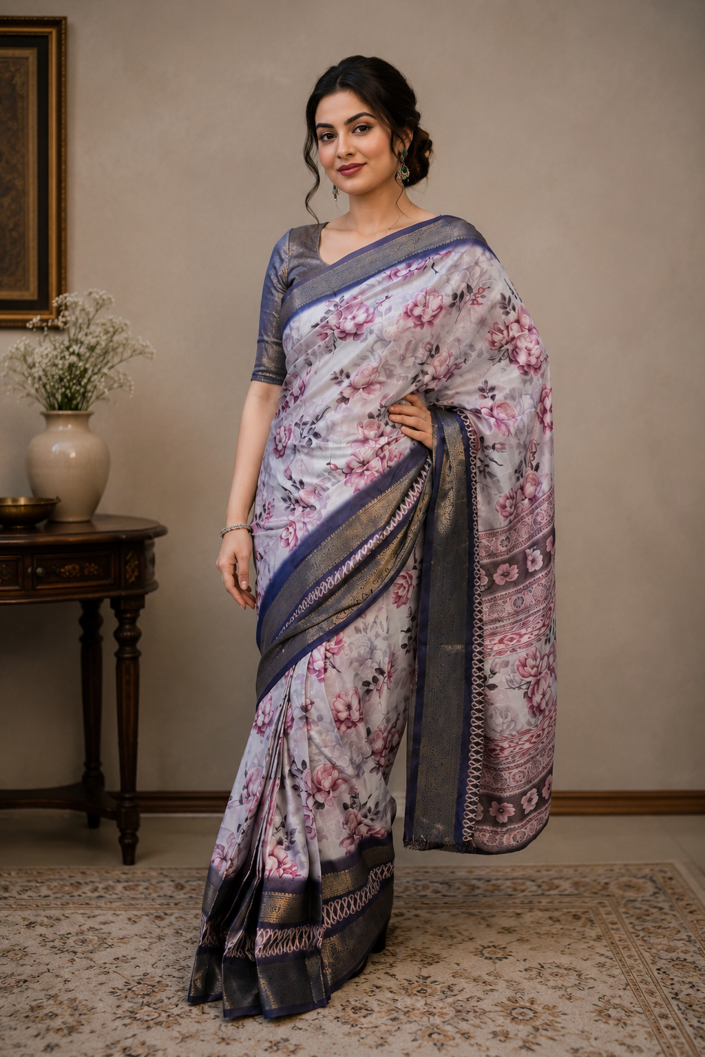 Timeless Grace – Printed Chiffon Saree with Zari Border | Ready to Wear