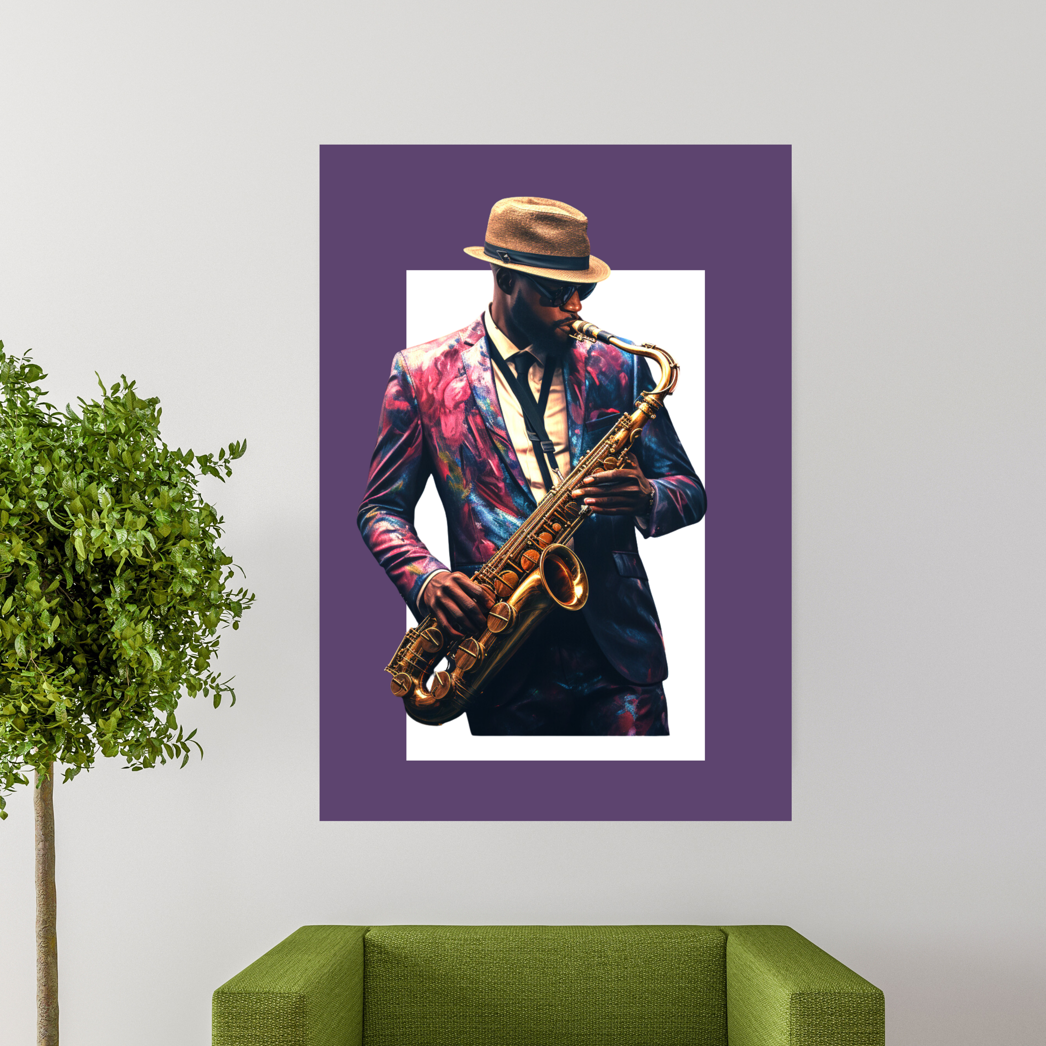 Sax man large wall canvas, he does it with style.